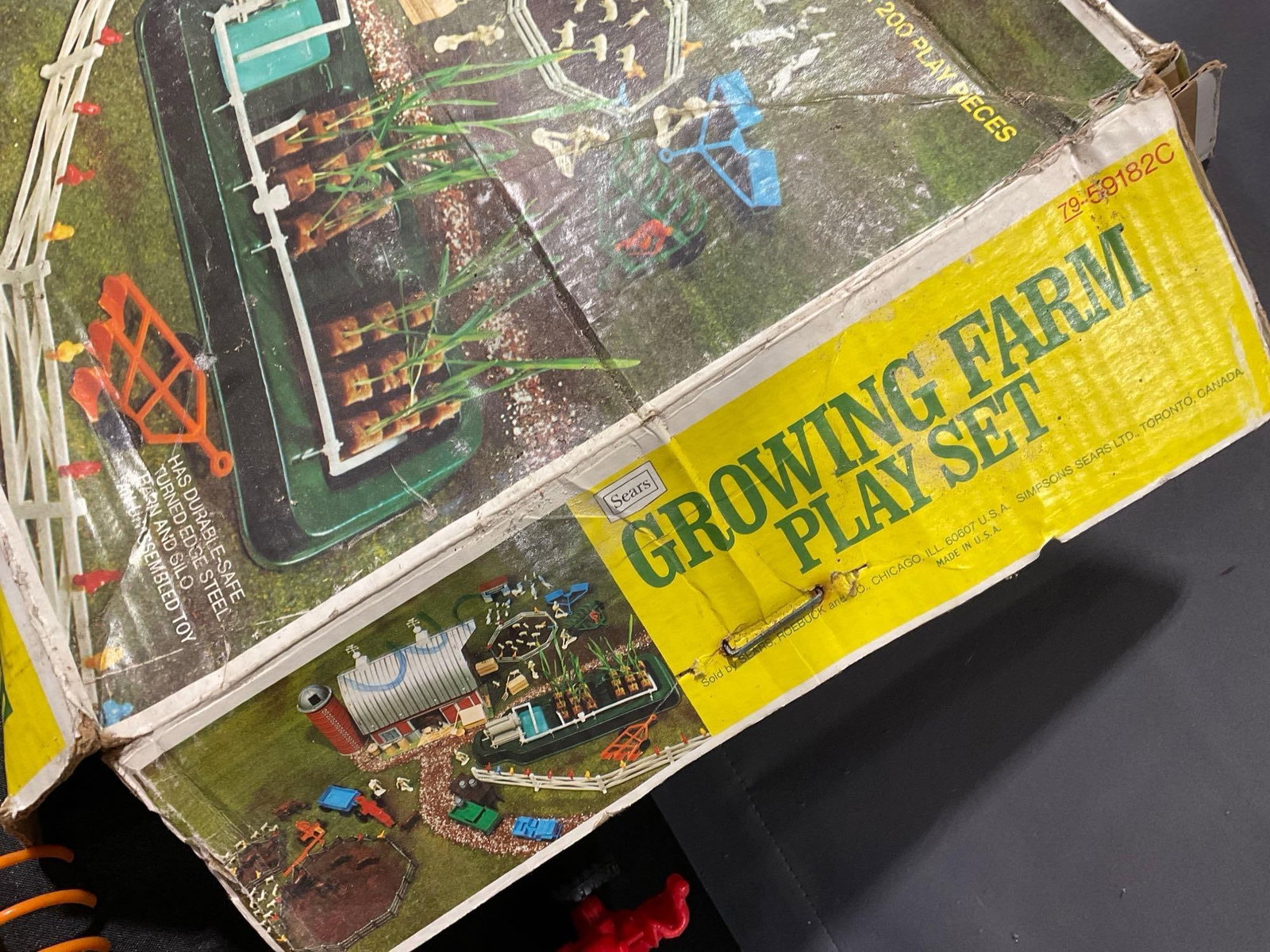 Sears Growing Farm Play Set w/original box, animals, fences, tin barn pieces & more, some wear - 6