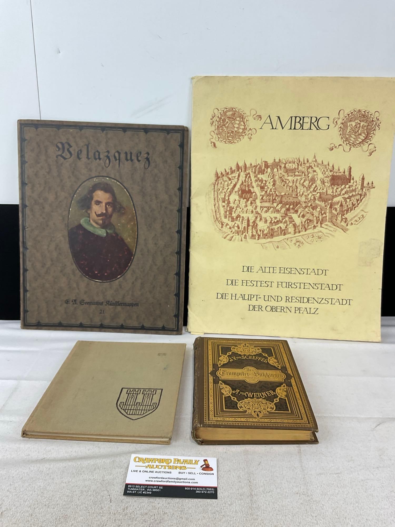 Velazquez Art Portfolio in German, Set of 12 Prints of Amberg, Scheffels Der Trompeter von Sakkin...: & First Edition Book, The Counts of Rothenburg and the Hohenstaufens. Appears to be in good shape. The piece measures approx 4h x 17w x 13d inches. See pics. E-6510
