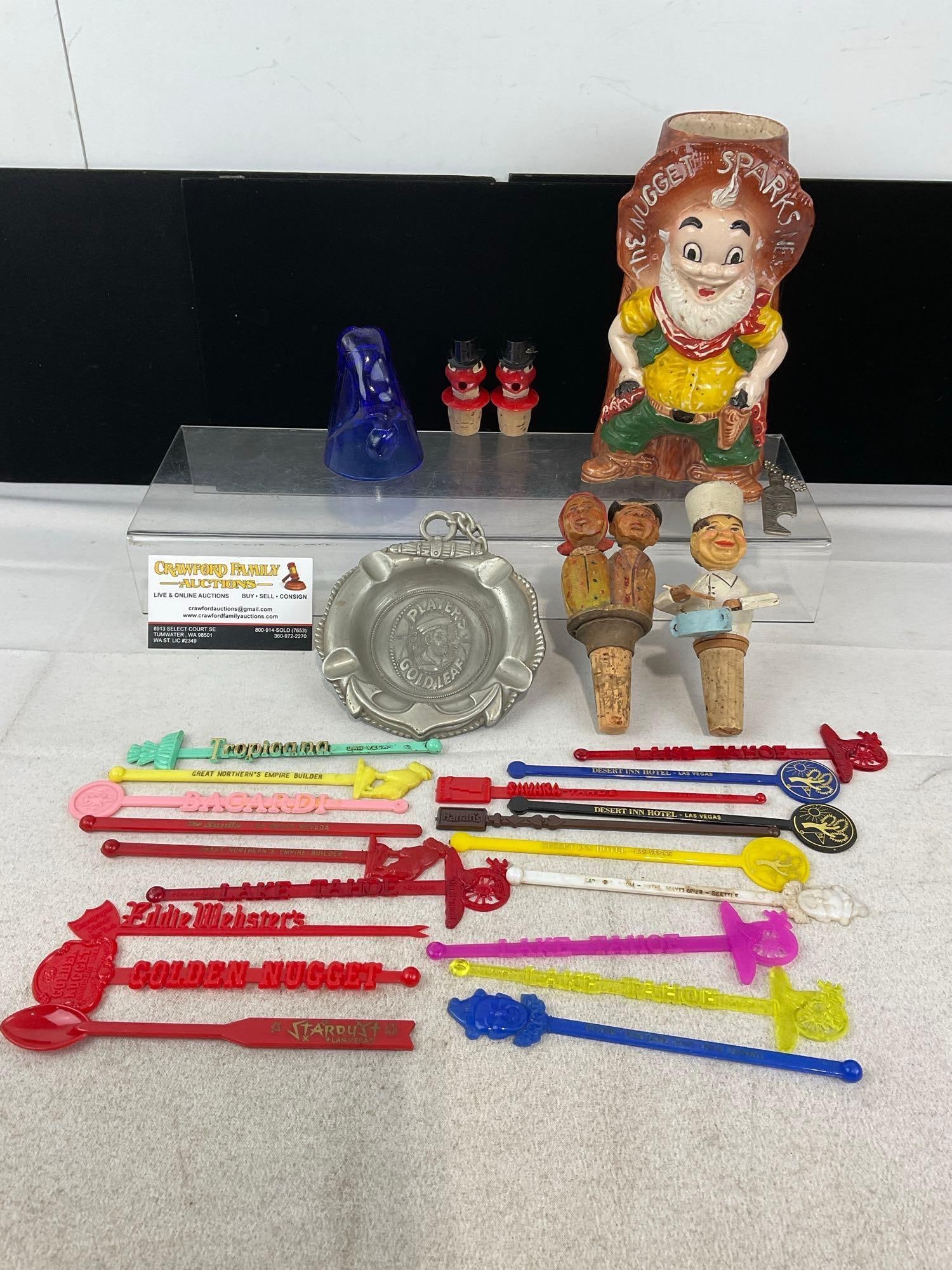 The Nugget Casino Mug, Souvenir Ashtray, 2x ANRI Bottle Stoppers, & Variety of Casino Drink Stirr...: Appears to be in good shape. The piece measures approx 6h x 12w x 10d inches. See pics. E-6510