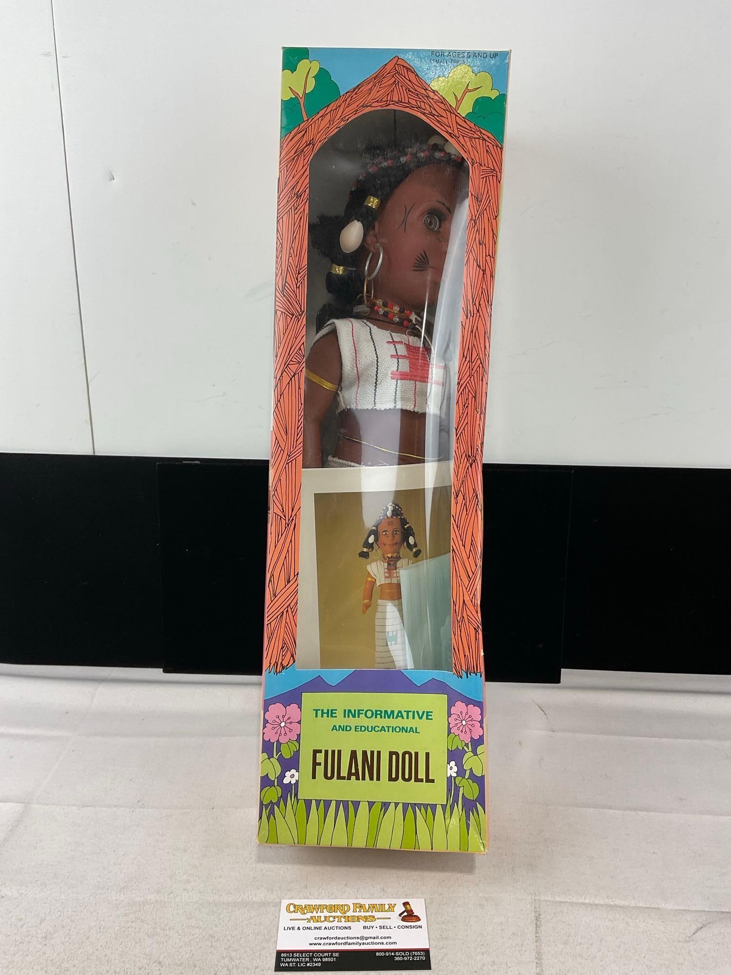 Vintage 1986 Informative & Educational Fulani Doll, by Intl. Tribal Doll Inc. 17 inch doll: Appears to be in good shape. The piece measures approx 20h x 7w x 6d inches. See pics. E-6510