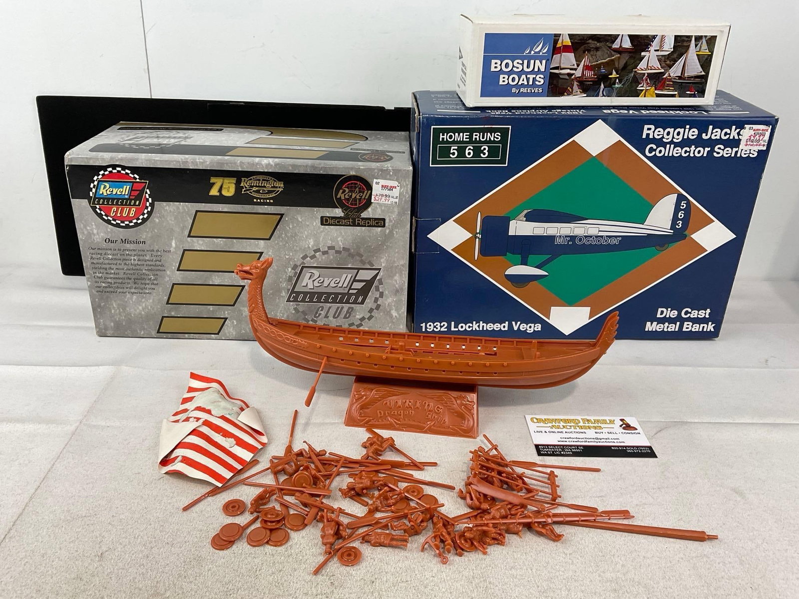 Revell 1997 Ford T-bird w/COA, Reggie Jackson Plane Coin Bank, Bosun Boats & Model Dragon Boat: Appears to be in good shape. The piece measures approx 13h x 14w x 10d inches. See pics. E-6510