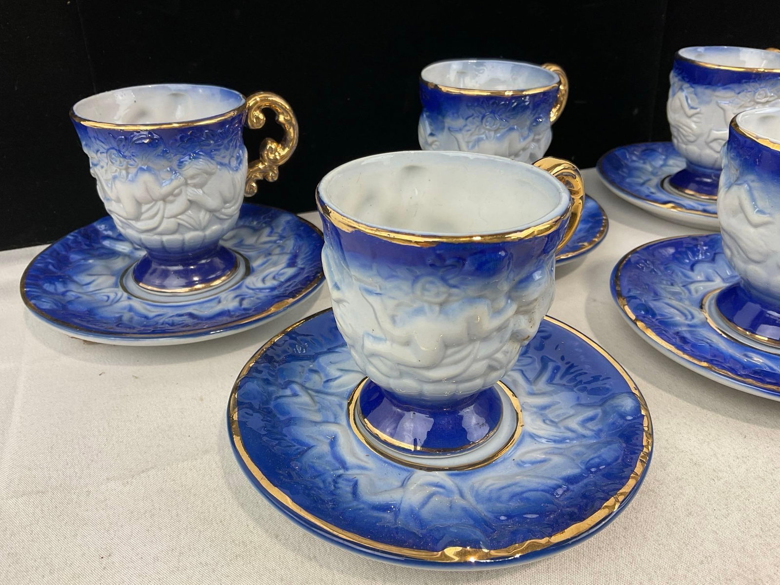6 Porcelain Demitasse Cups & Saucers, Cobalt Blue & White w/Gilt Details - 2