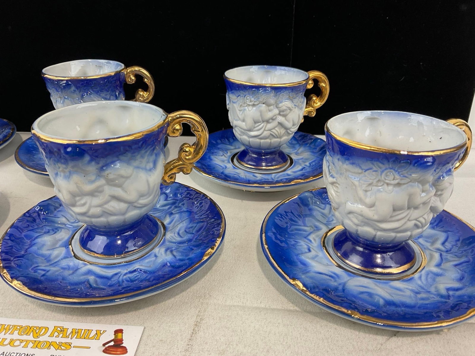 6 Porcelain Demitasse Cups & Saucers, Cobalt Blue & White w/Gilt Details - 3