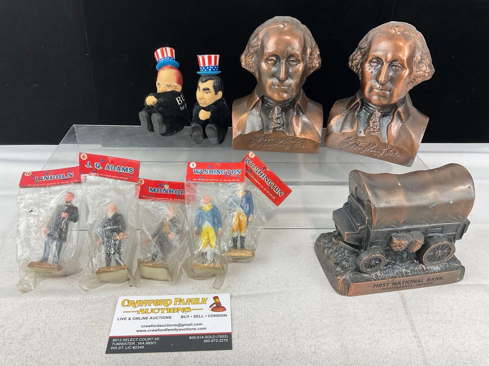 5 Louis Marx & Co Presidential Figures in packaging, 3 Coin Banks, 2 Dukakis & Bush 1988 Dolls: Appears to be in good shape. The piece measures approx 5h x 16w x 12d inches. See pics. E-6510