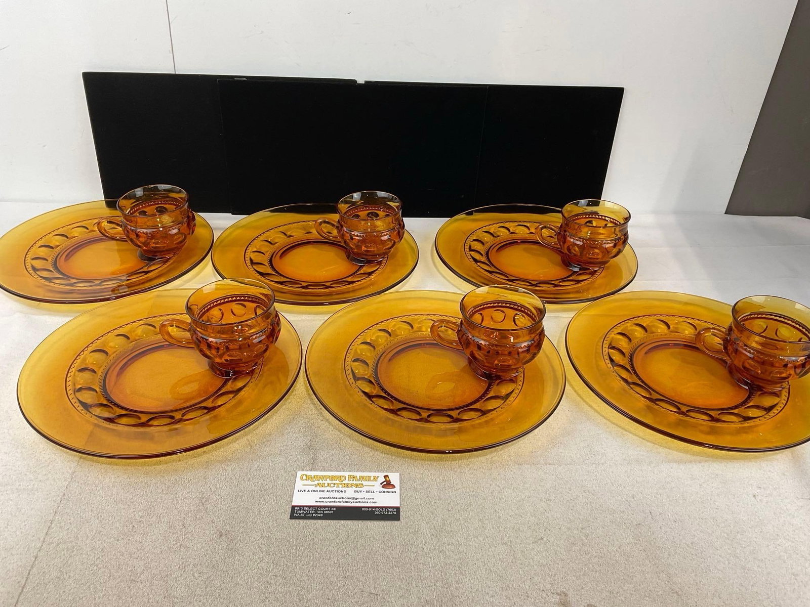 Set of 6 Vintage Indiana Glass Co Amber Kings Crown Thumbprint Snack Plates & Mugs: Appears to be in good shape, a couple small chips on the mug rims. The piece measures approx 8h x 11w x 11d inches. See pics. E-6510