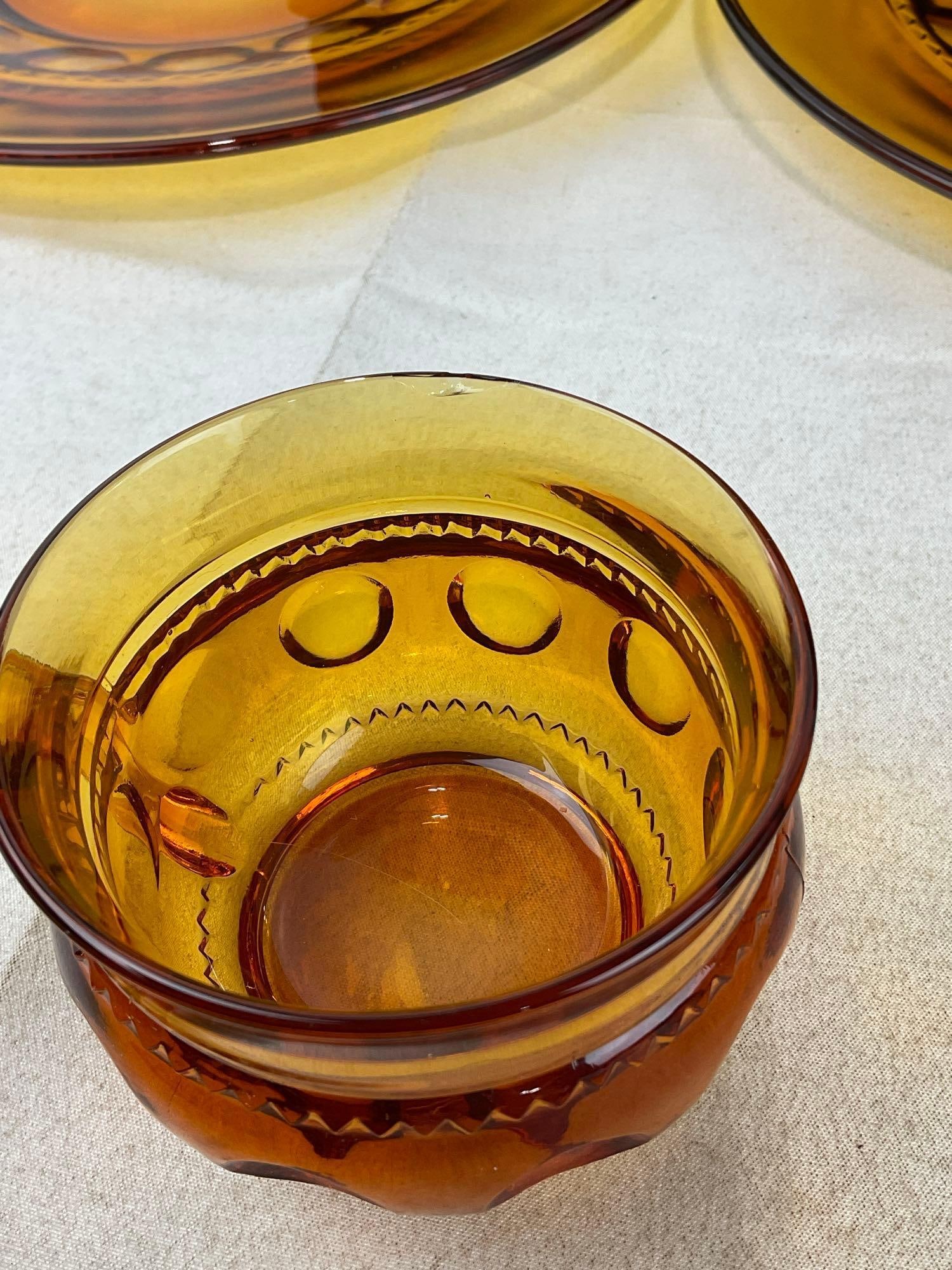 Set of 6 Vintage Indiana Glass Co Amber Kings Crown Thumbprint Snack Plates & Mugs - 5