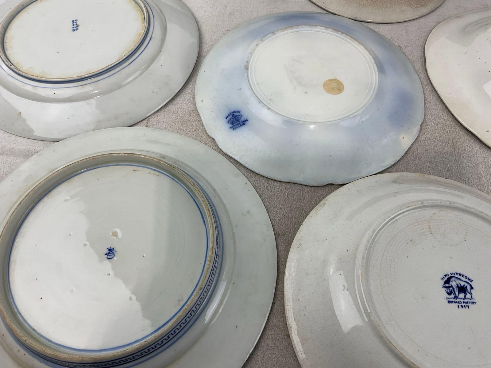 Antique Blue Flow & Transferware Plates, Buffalo Pottery, Staffordshire, Richmond, & more - 10