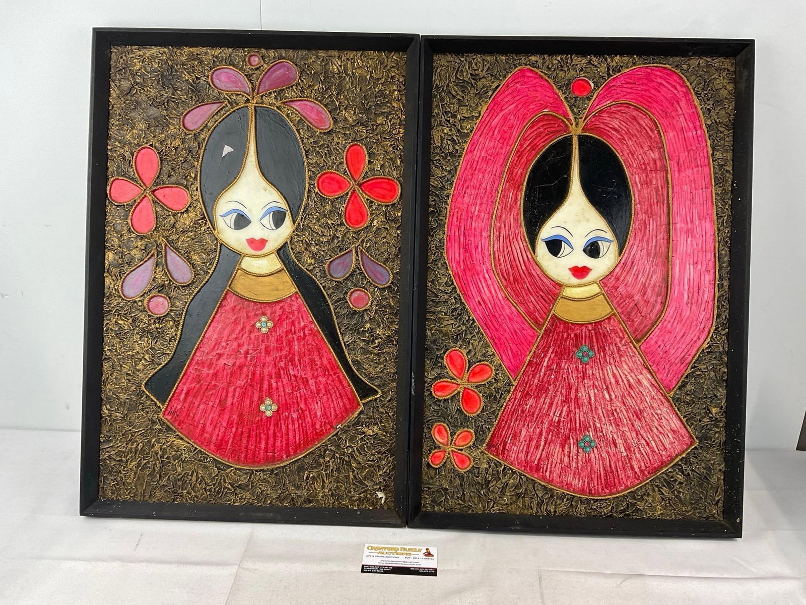 Pair of Framed Mexican Folk Art Mixed Media, Paper-Mache & Painted background, 25x17 inches: Appears to be in good shape. The piece measures approx 25h x 17w x 3d inches. See pics. E-6510