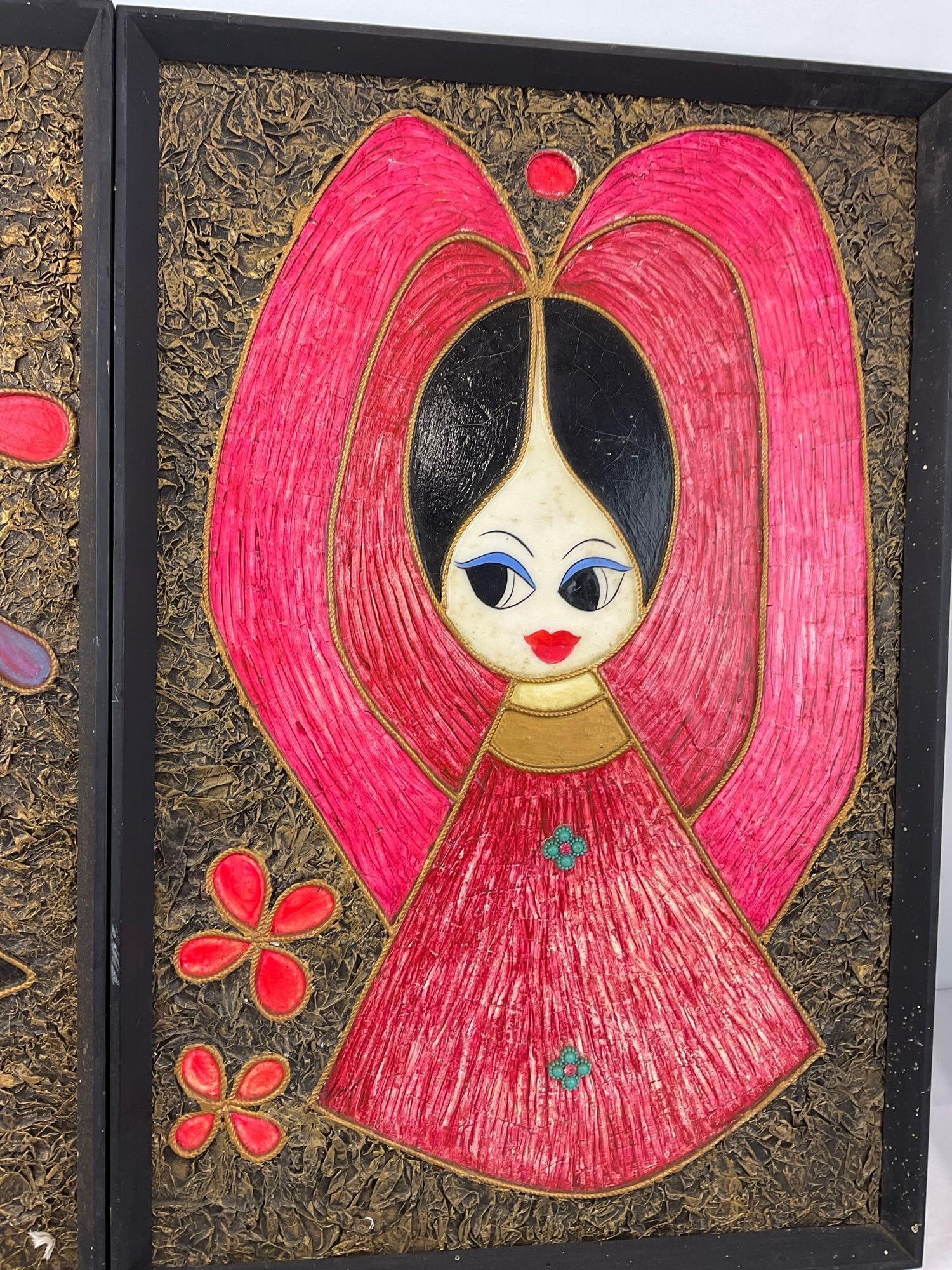 Pair of Framed Mexican Folk Art Mixed Media, Paper-Mache & Painted background, 25x17 inches - 2