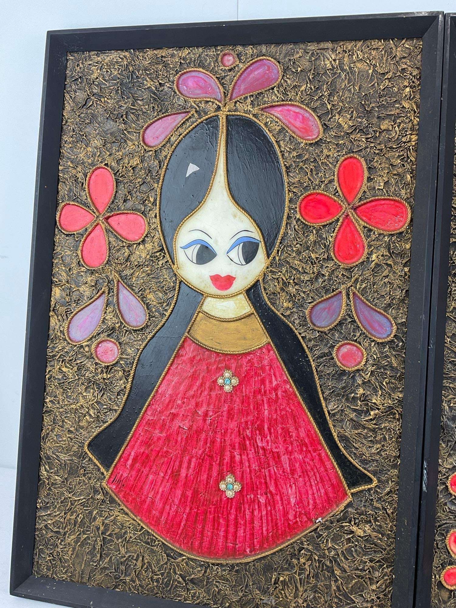 Pair of Framed Mexican Folk Art Mixed Media, Paper-Mache & Painted background, 25x17 inches - 3