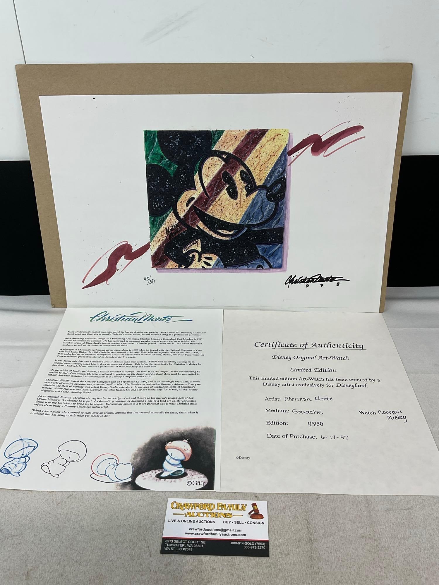 Signed & #d 43/50 Mickey Mouse Disney Original Art, Gouache by Christian Monte 1995 w/COA, 19x13 in: Appears to be in good shape. The piece measures approx 19h x 13w x 2d inches. See pics. E-6510