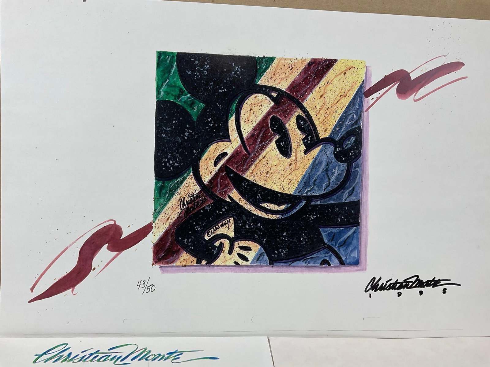 Signed & #d 43/50 Mickey Mouse Disney Original Art, Gouache by Christian Monte 1995 w/COA, 19x13 in - 2