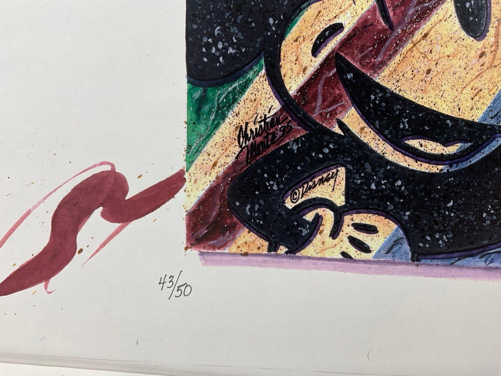 Signed & #d 43/50 Mickey Mouse Disney Original Art, Gouache by Christian Monte 1995 w/COA, 19x13 in - 3