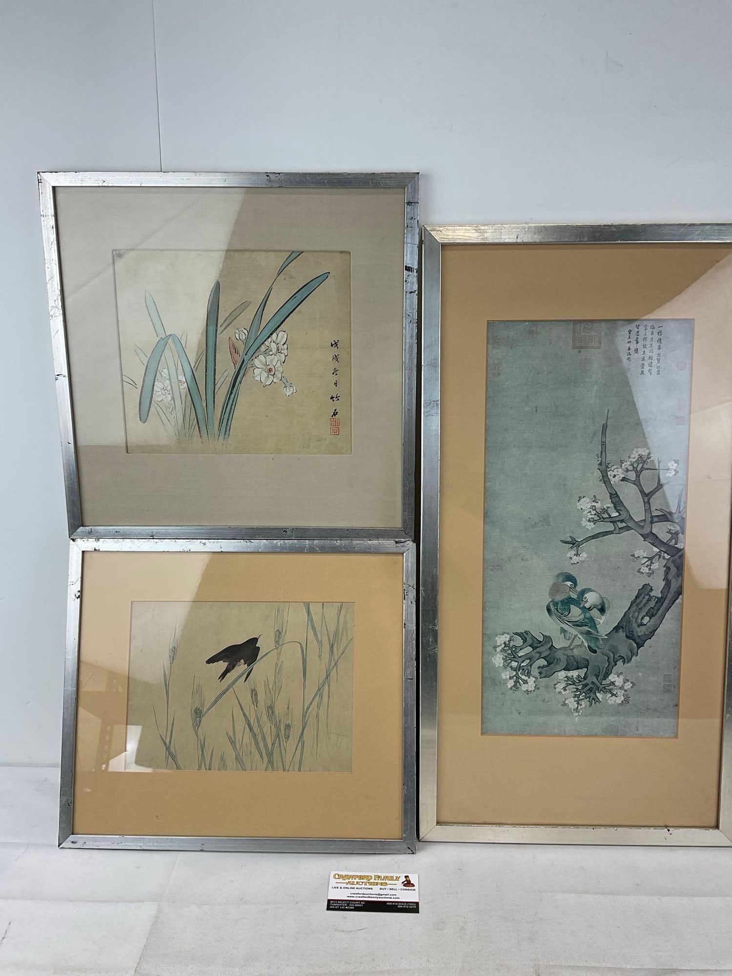 Blackbird on the Wheatfield by Watanabe Seitei, Pair of Ducks on a Flowering Apricot Tree by Wu B...: All three are: Black Ouzel on the Wheat-Field by Watanabe Seitei, White Daffodils by Nagamachi Chikuseki, & Pair of Ducks on a Flowering Apricot Tree by Wu Bin. Appears to be in good shape. The