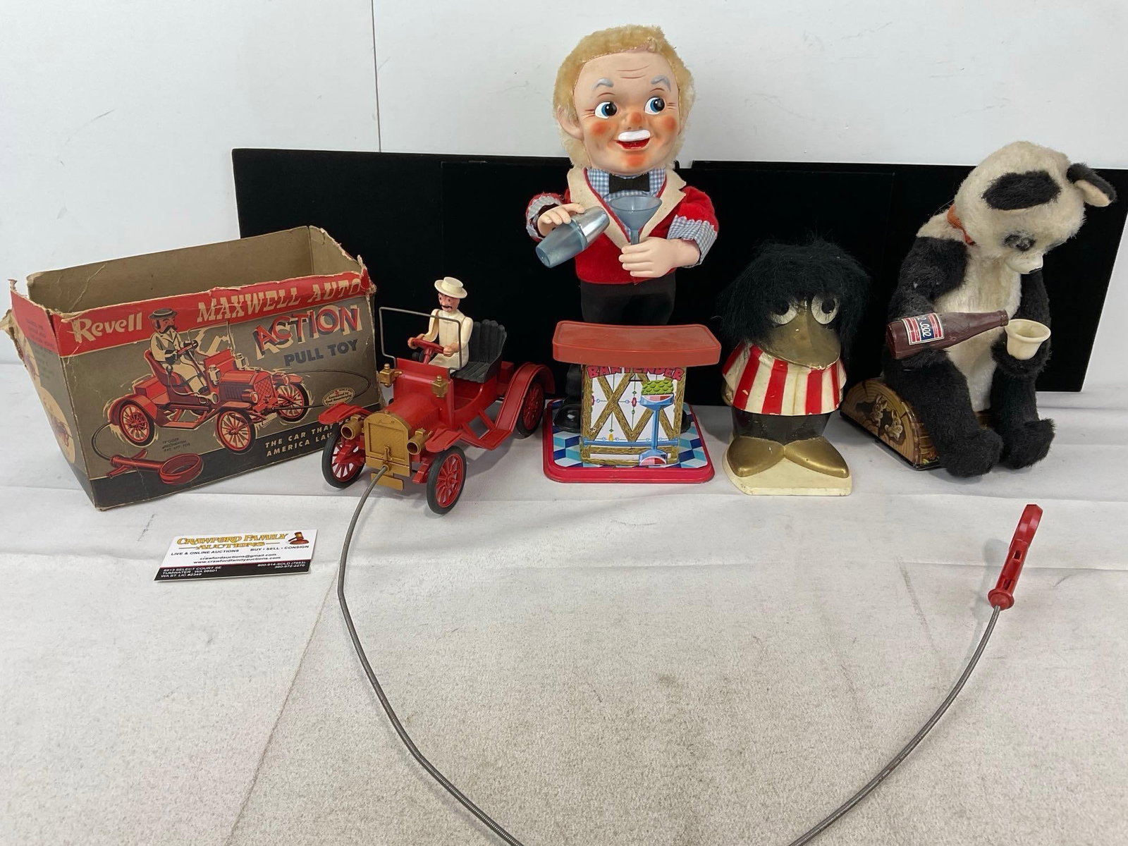Revell Maxwell Auto Action Pull Toy, Bartender, Drinking Panda, & Tivvy Crow by Trustee Savings B...: Appears to be in good shape. The piece measures approx 6h x 18w x 11d inches. See pics. E-6510