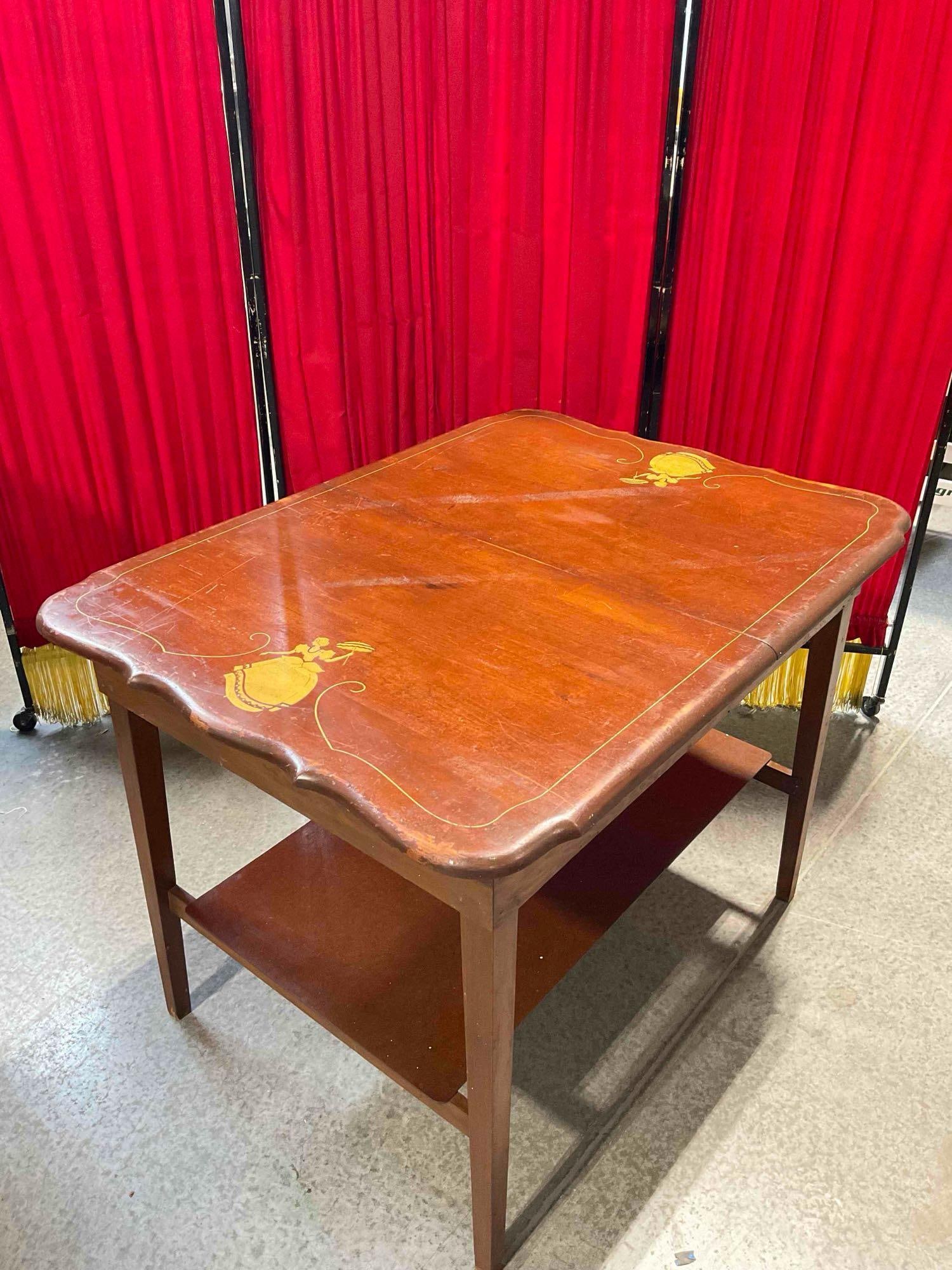 Vintage Charming Two-Tier Wooden Table w/ Painted Lady Design. Measures 42" x 32" x 31" - 3