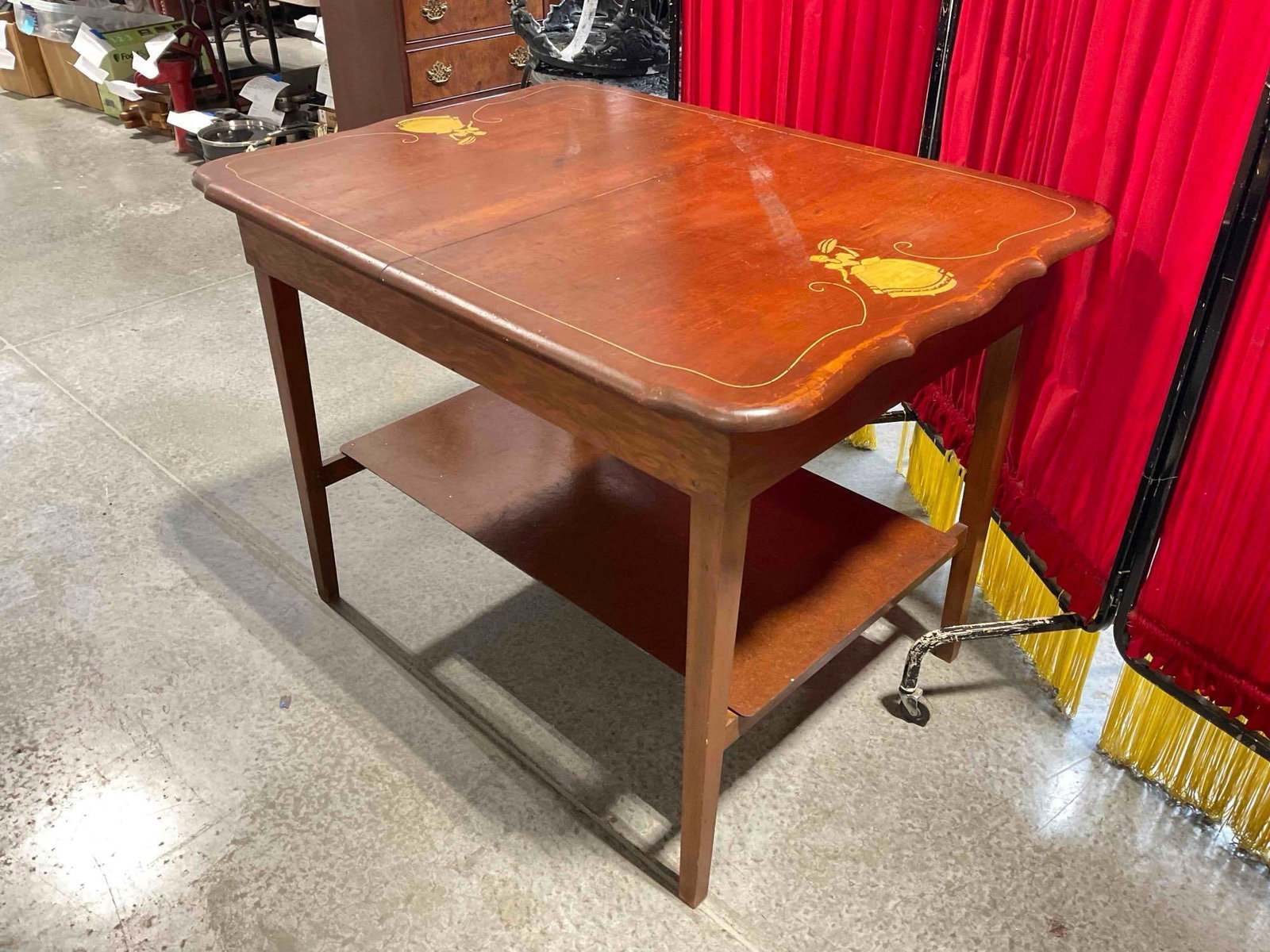 Vintage Charming Two-Tier Wooden Table w/ Painted Lady Design. Measures 42" x 32" x 31" - 4