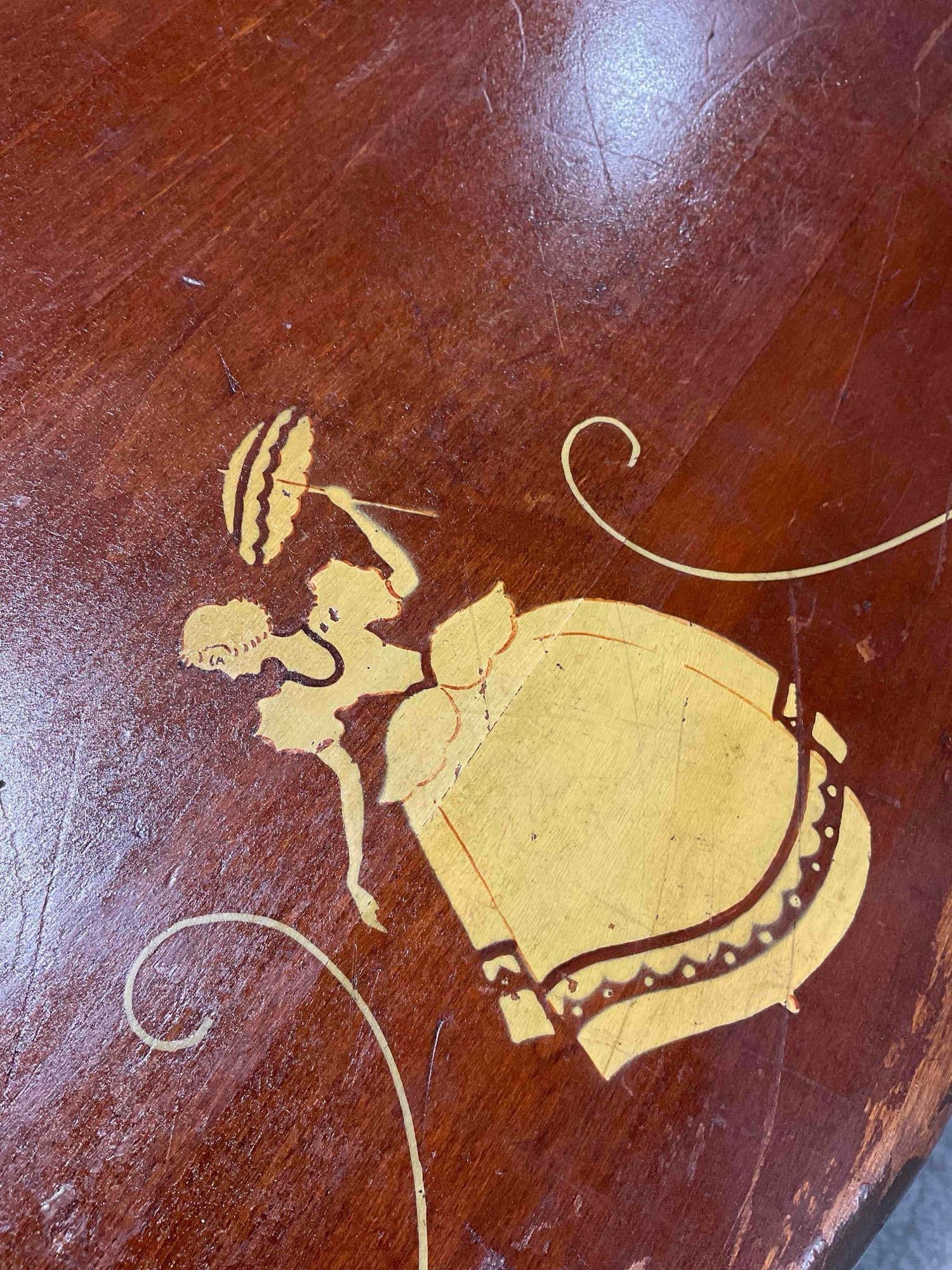 Vintage Charming Two-Tier Wooden Table w/ Painted Lady Design. Measures 42" x 32" x 31" - 6