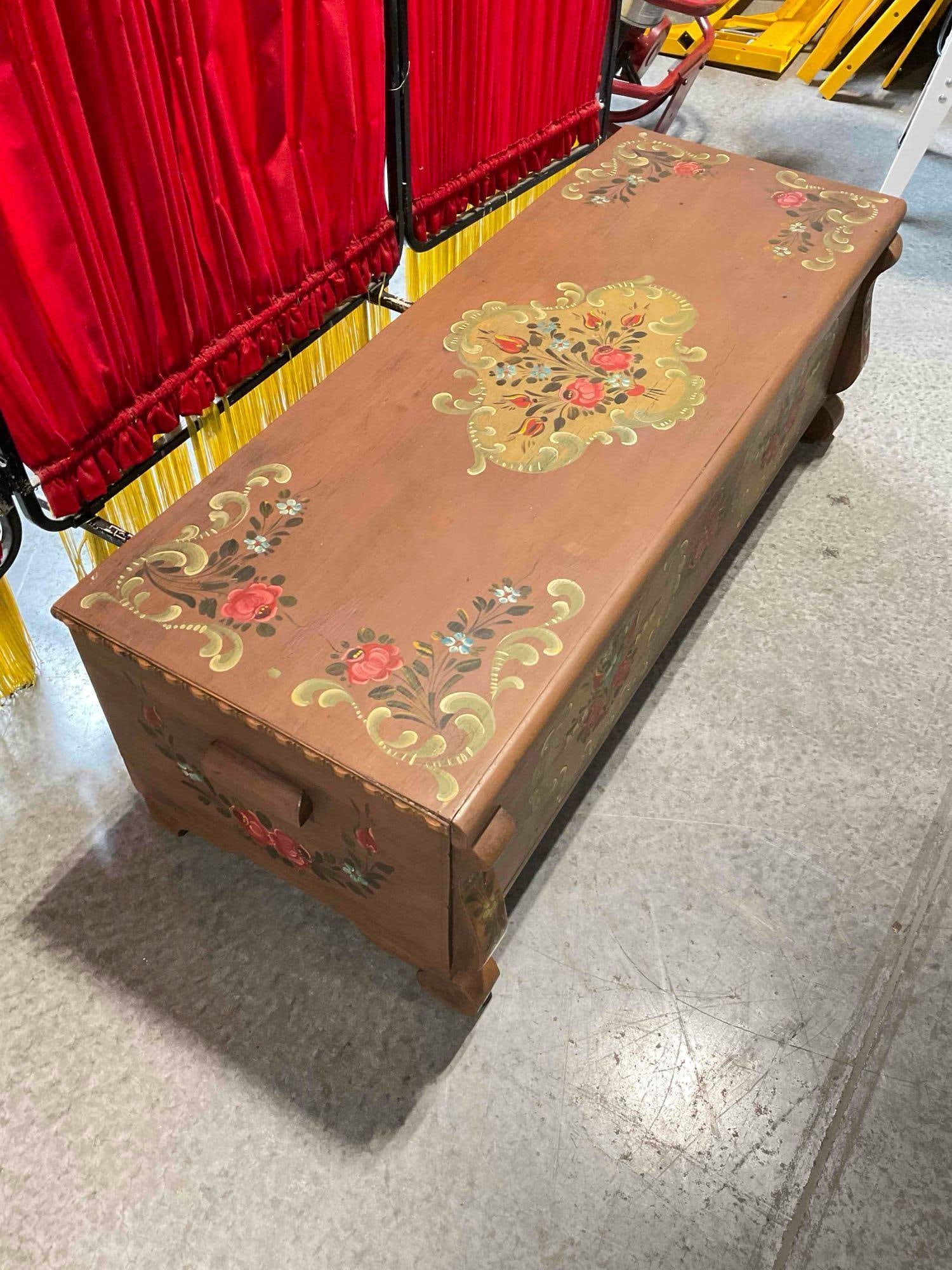 Vintage Lane Brown Painted Wooden Chest w/ Lovely Floral Accents. Measures 47" x 18" x 16" - 3