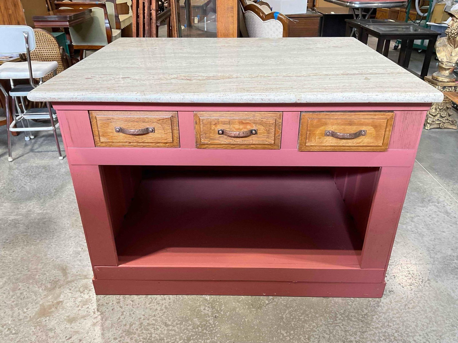 Vintage Pink Painted Wooden Island w/ Natural Gray Stone Top, Cubby & 3 Drawers. Good Condition.: Vintage Pink Painted Wooden Island w/ Natural Gray Stone Top, Cubby & 3 Drawers. Good Condition. Minor wear indicative of age and use, drawers are a little stiff, otherwise looks to be in good con