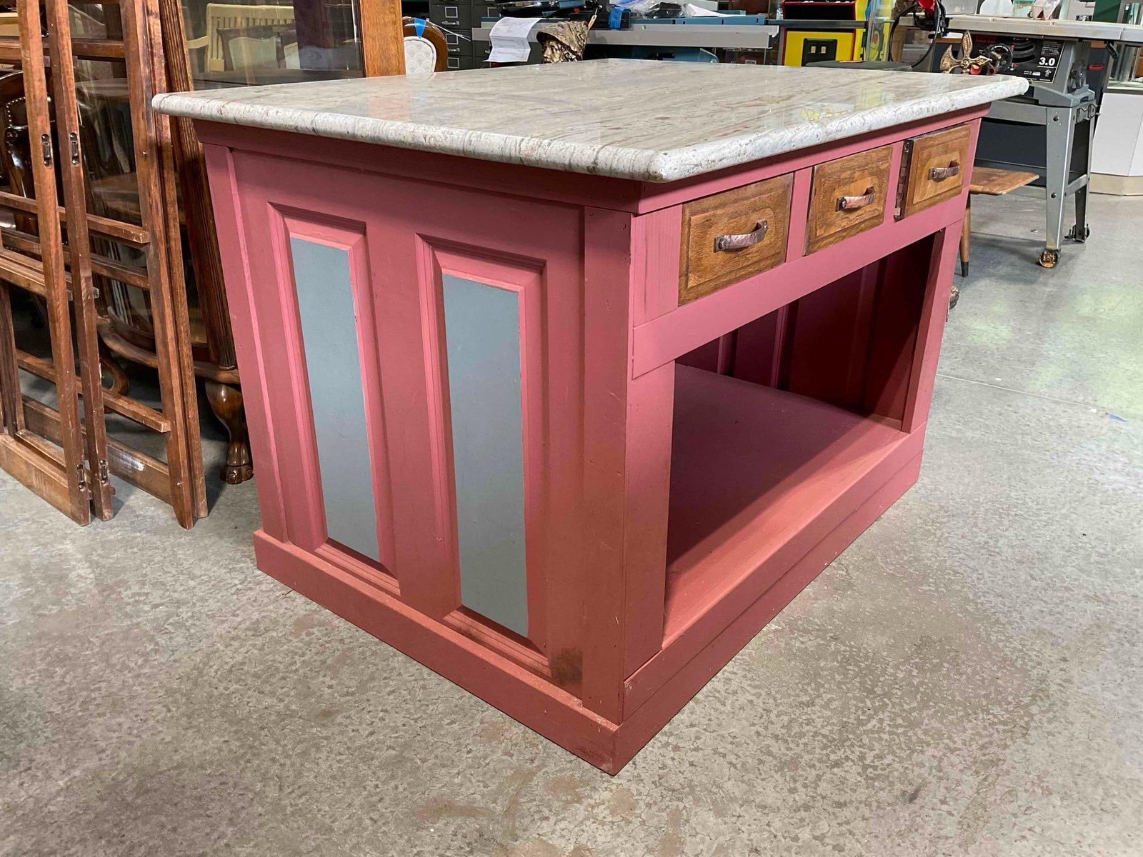 Vintage Pink Painted Wooden Island w/ Natural Gray Stone Top, Cubby & 3 Drawers. Good Condition. - 2