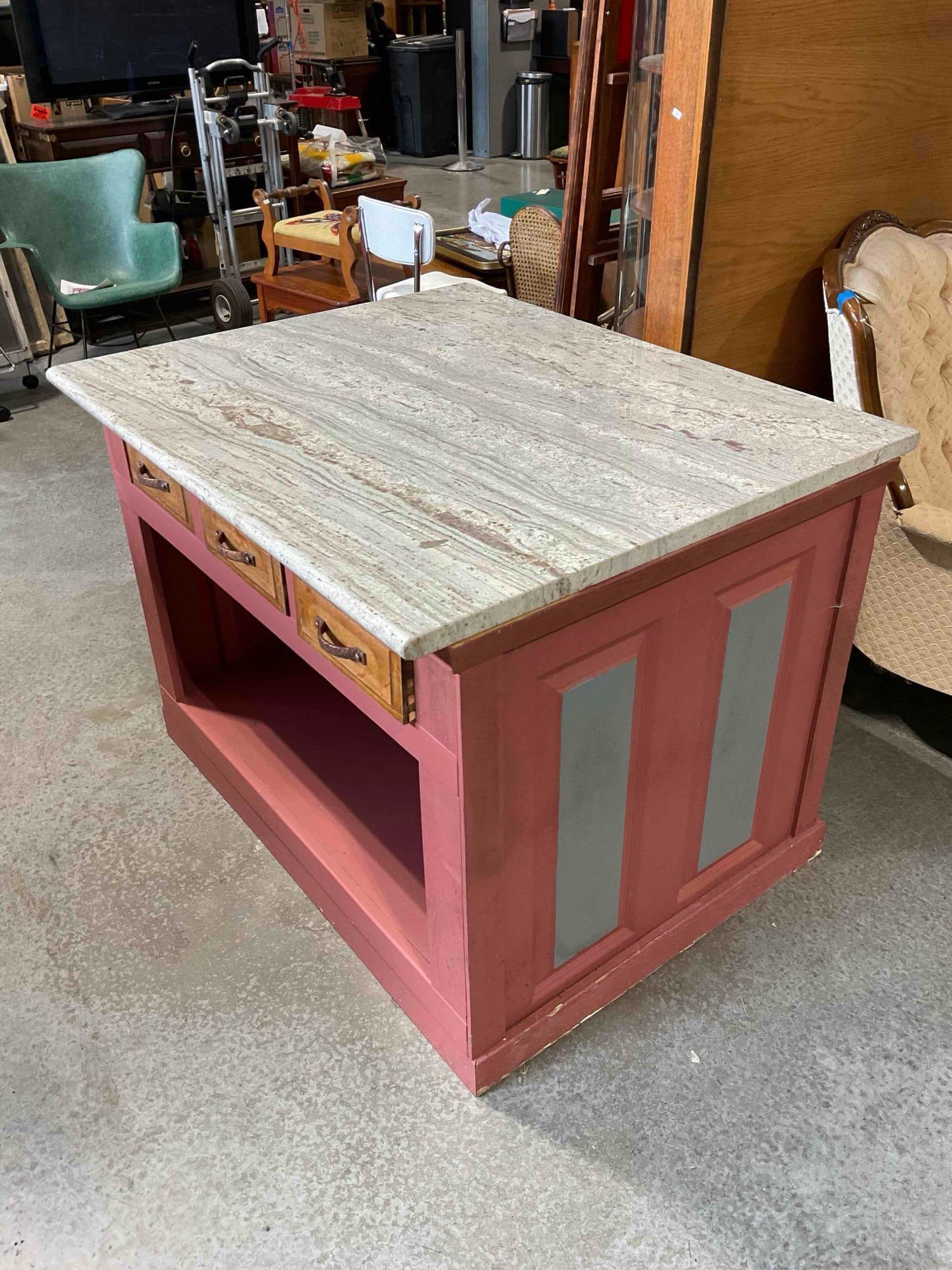 Vintage Pink Painted Wooden Island w/ Natural Gray Stone Top, Cubby & 3 Drawers. Good Condition. - 3