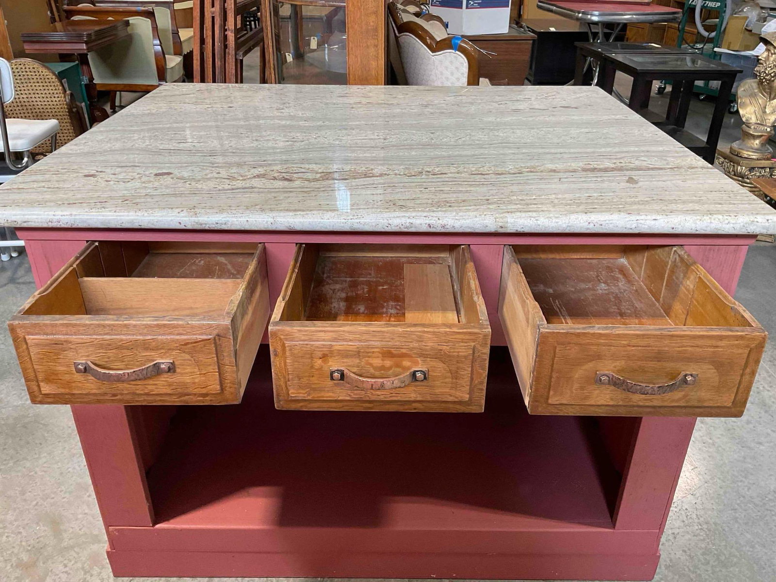 Vintage Pink Painted Wooden Island w/ Natural Gray Stone Top, Cubby & 3 Drawers. Good Condition. - 4
