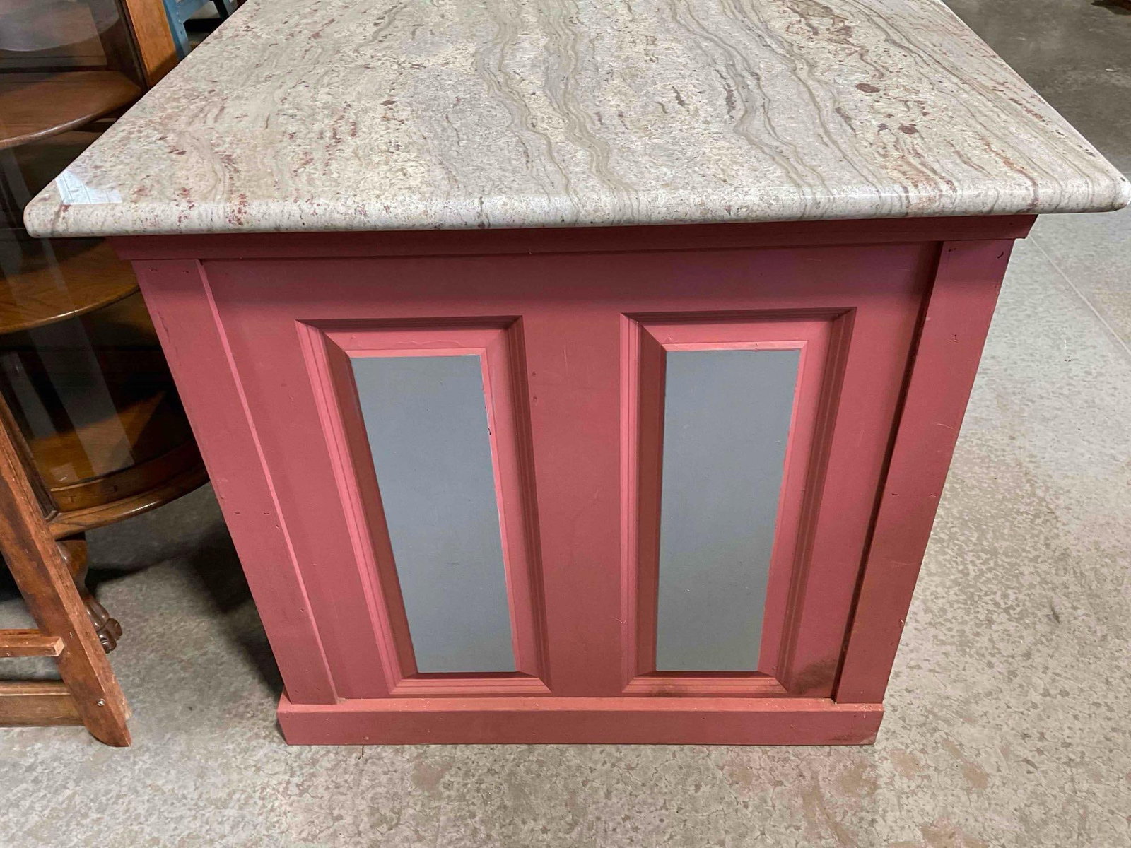 Vintage Pink Painted Wooden Island w/ Natural Gray Stone Top, Cubby & 3 Drawers. Good Condition. - 6