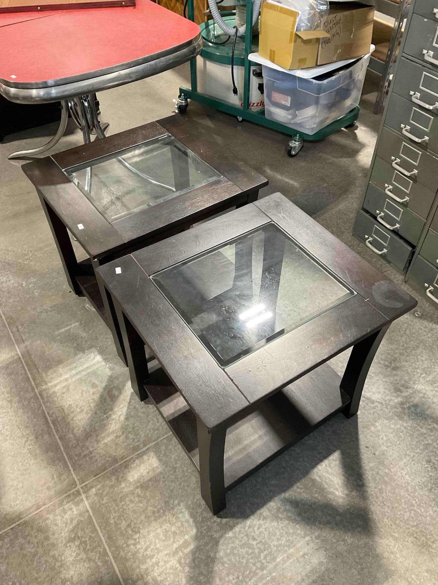 2 pcs Modern 2-Tier Glass Topped Wooden Side Tables w/ Dark Brown Finish. Fair Condition. - 2