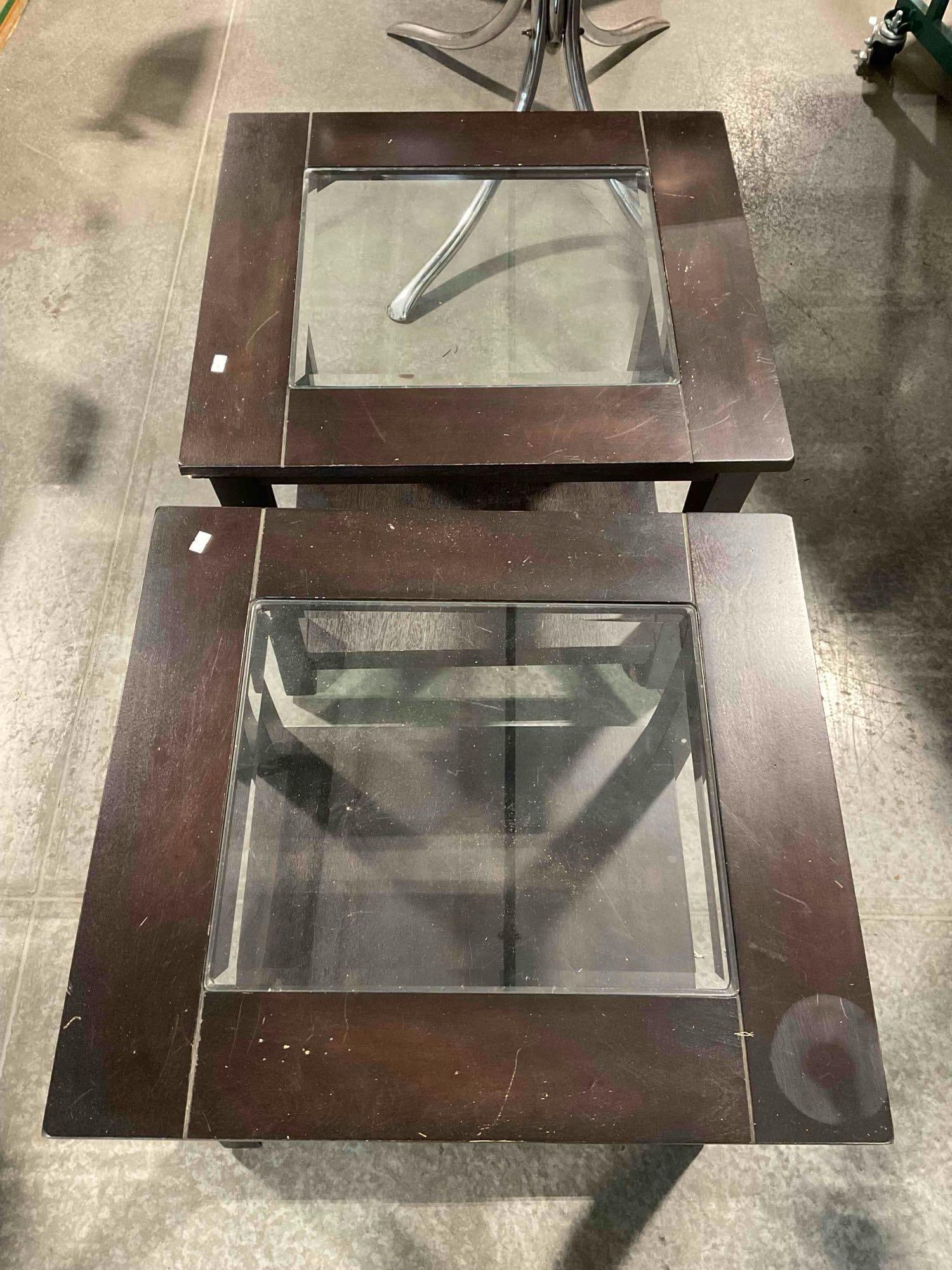 2 pcs Modern 2-Tier Glass Topped Wooden Side Tables w/ Dark Brown Finish. Fair Condition. - 3
