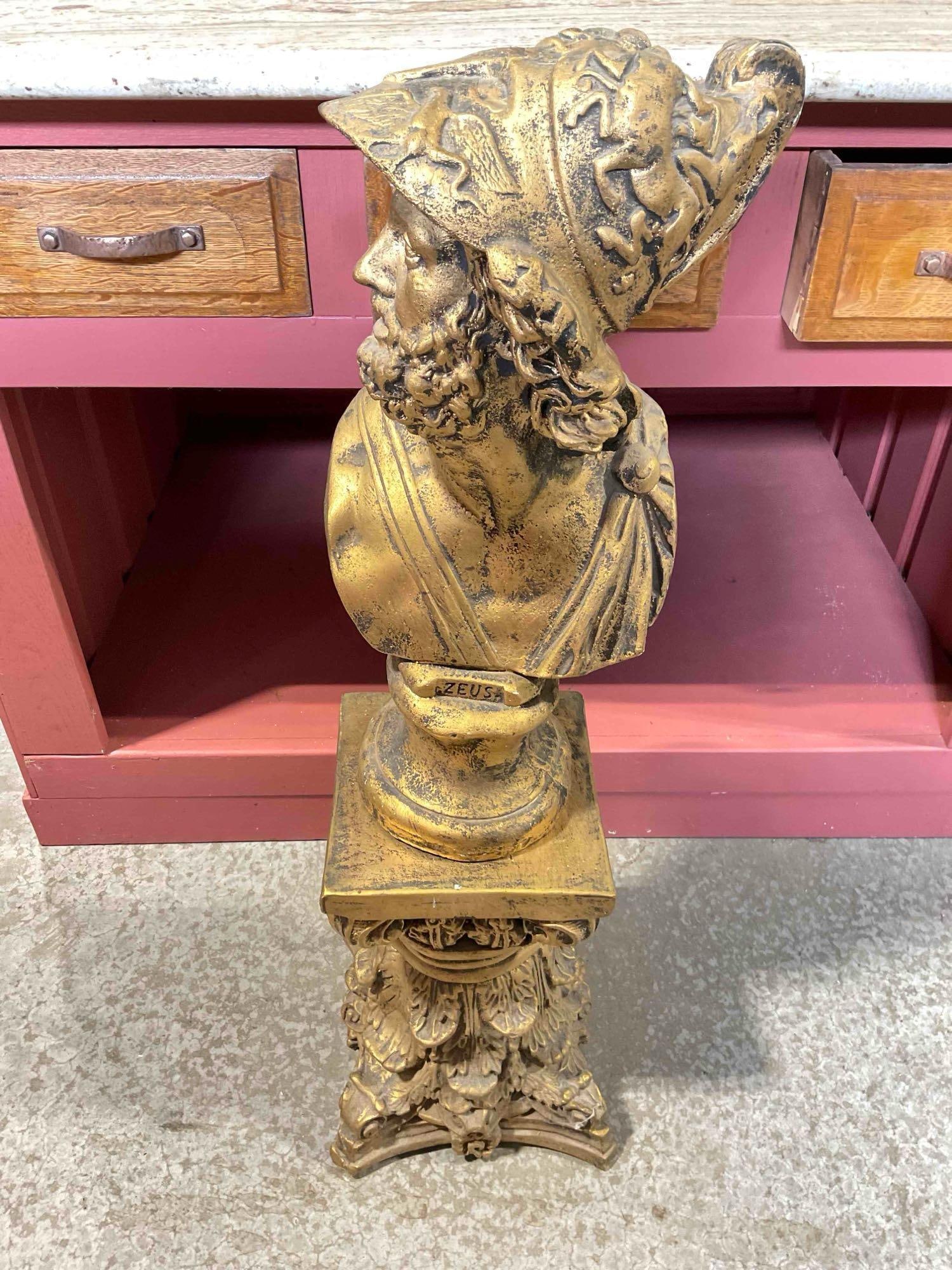 Vintage Bronze Painted Plaster Bust on Plinth of "Zeus" Ajax the Great. Fair Condition. See pics.: *No in-house shipping, fragile* Vintage Bronze Painted Plaster Bust on Plinth of "Zeus" Ajax the Great. Fair Condition. Two separate pieces, bust is unstable on plinth, recommend glue. Pieces hav