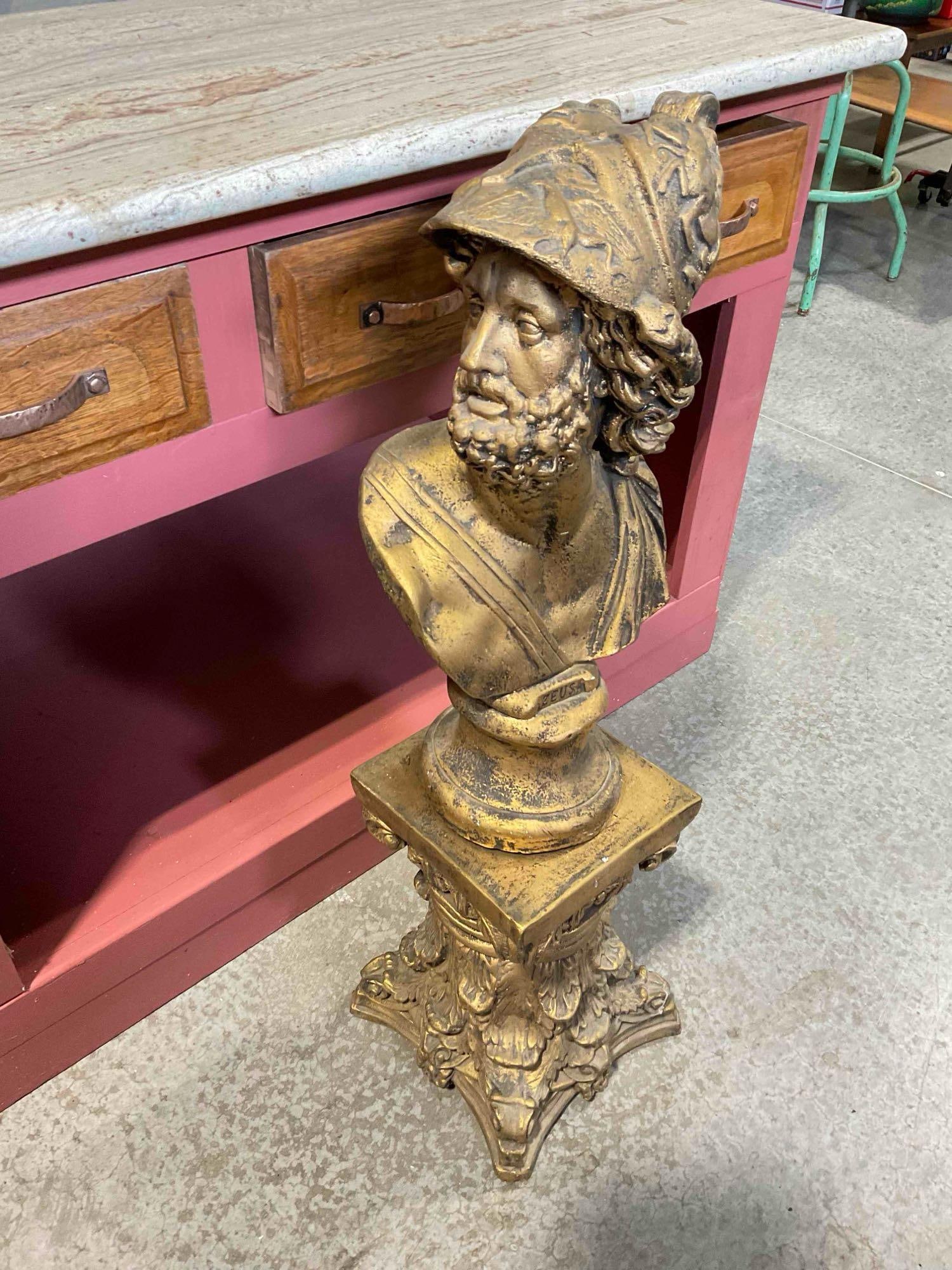 Vintage Bronze Painted Plaster Bust on Plinth of "Zeus" Ajax the Great. Fair Condition. See pics. - 2