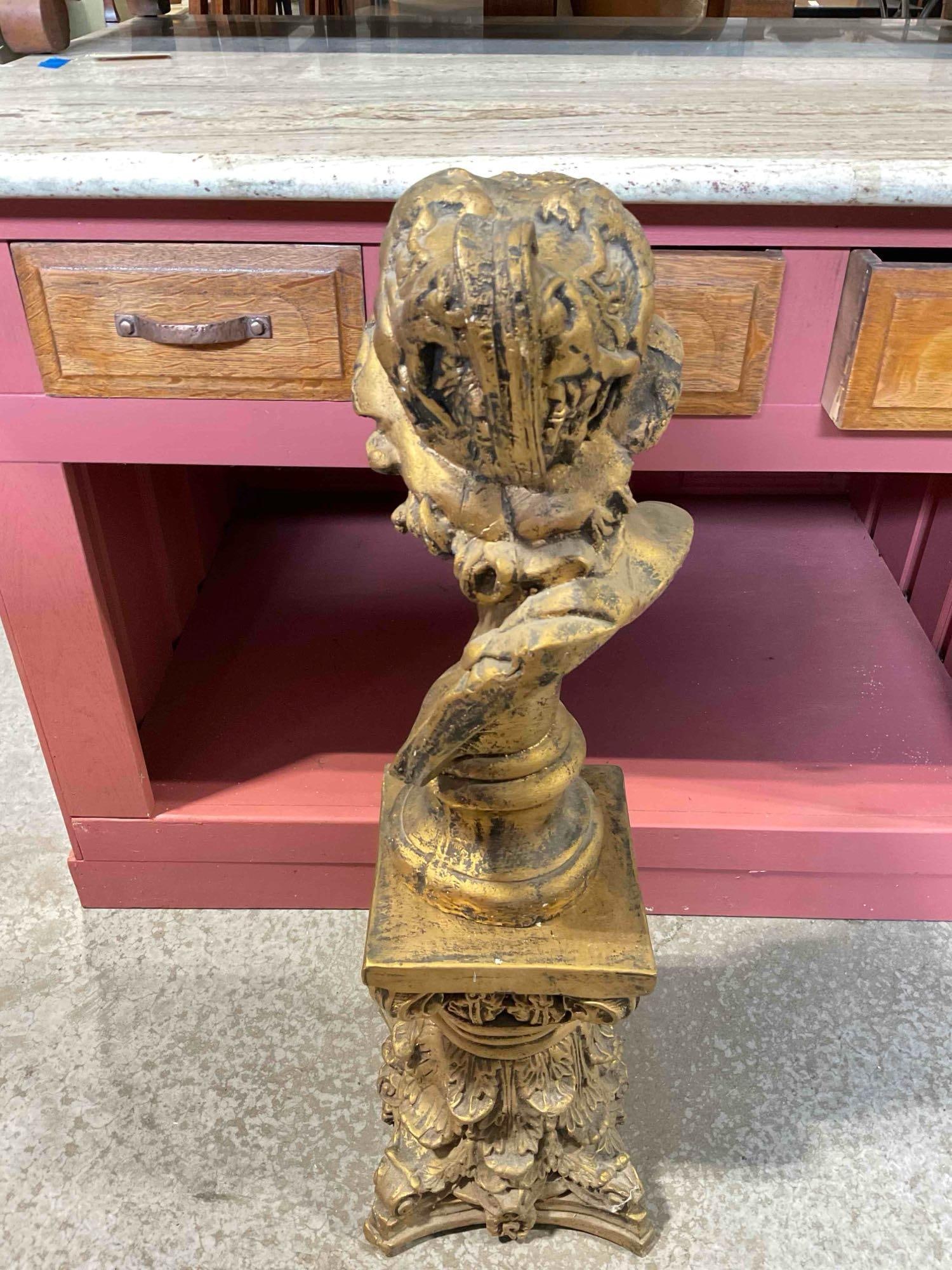 Vintage Bronze Painted Plaster Bust on Plinth of "Zeus" Ajax the Great. Fair Condition. See pics. - 4