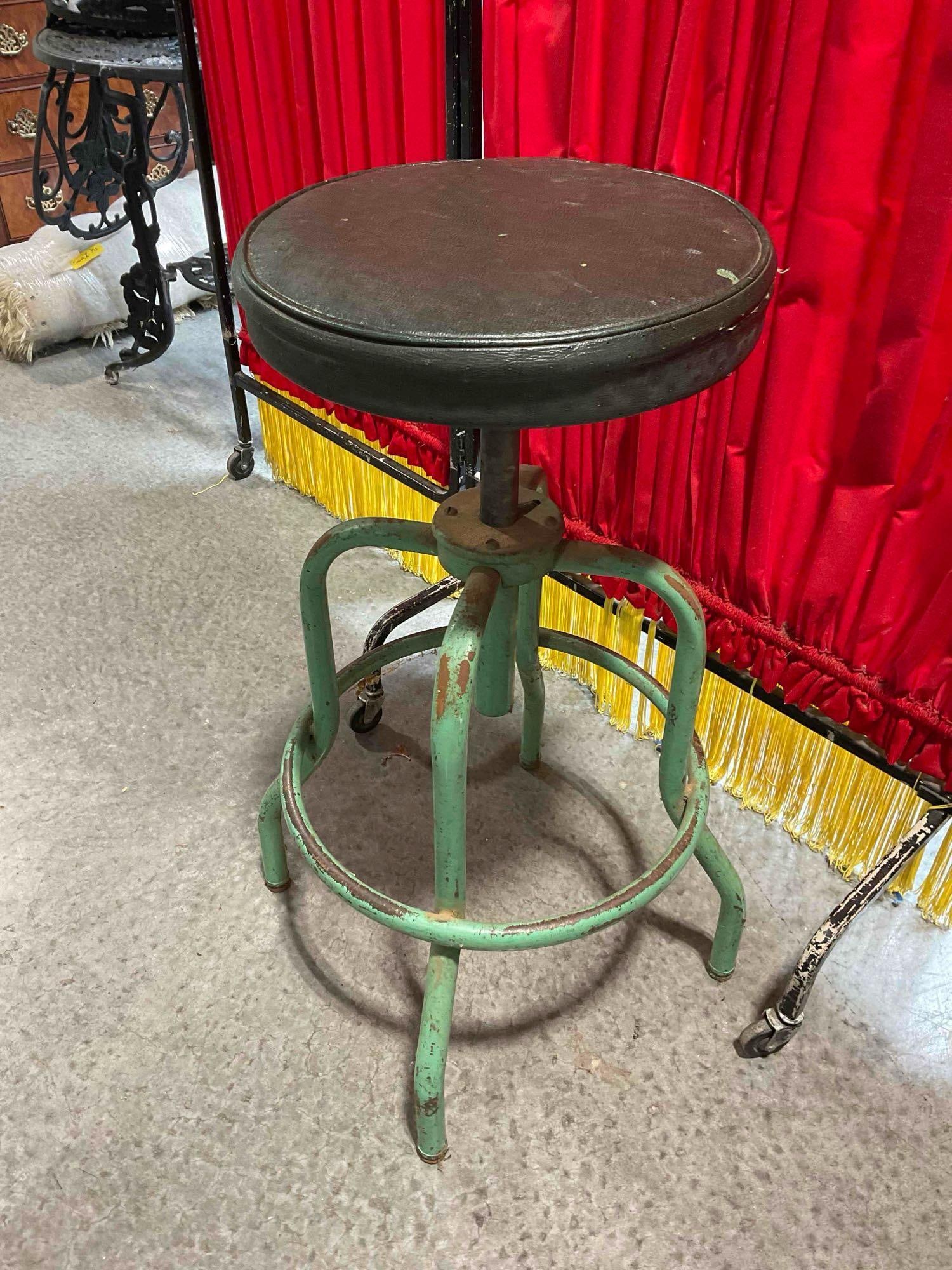 Vintage Green Painted Metal Swivel Stool w/ Dark Green Vinyl Cushion. Fair Condition. See pics. - 2