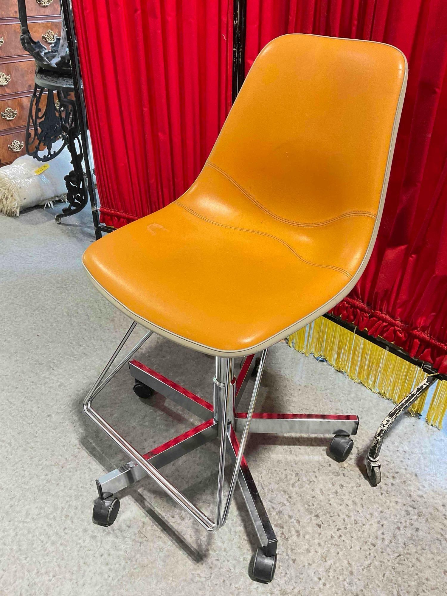Vintage Eames Style Shell Chair w/ Orange Vinyl Upholstery & Adjustable Height Chrome Base. - 2