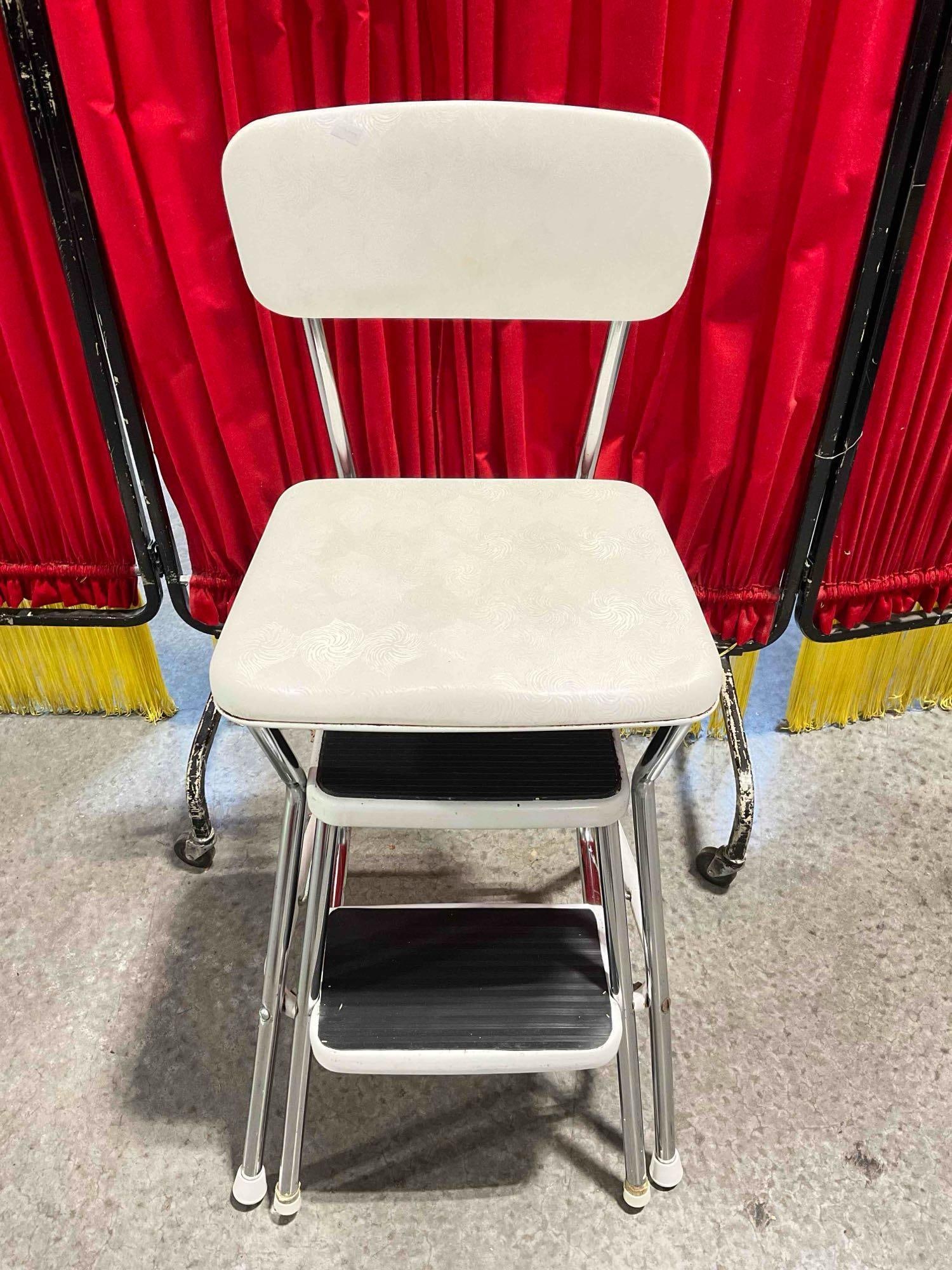 Vintage COSCO White Metal Chair w/ Fold Out Stool. Good Condition. Measures 18" x 18" x 34": Vintage COSCO White Metal Chair w/ Fold Out Stool. Good Condition. Measures 18" x 18" x 34" Minor wear indicative of age and use, otherwise looks to be in good condition. DM-6530 *Freight