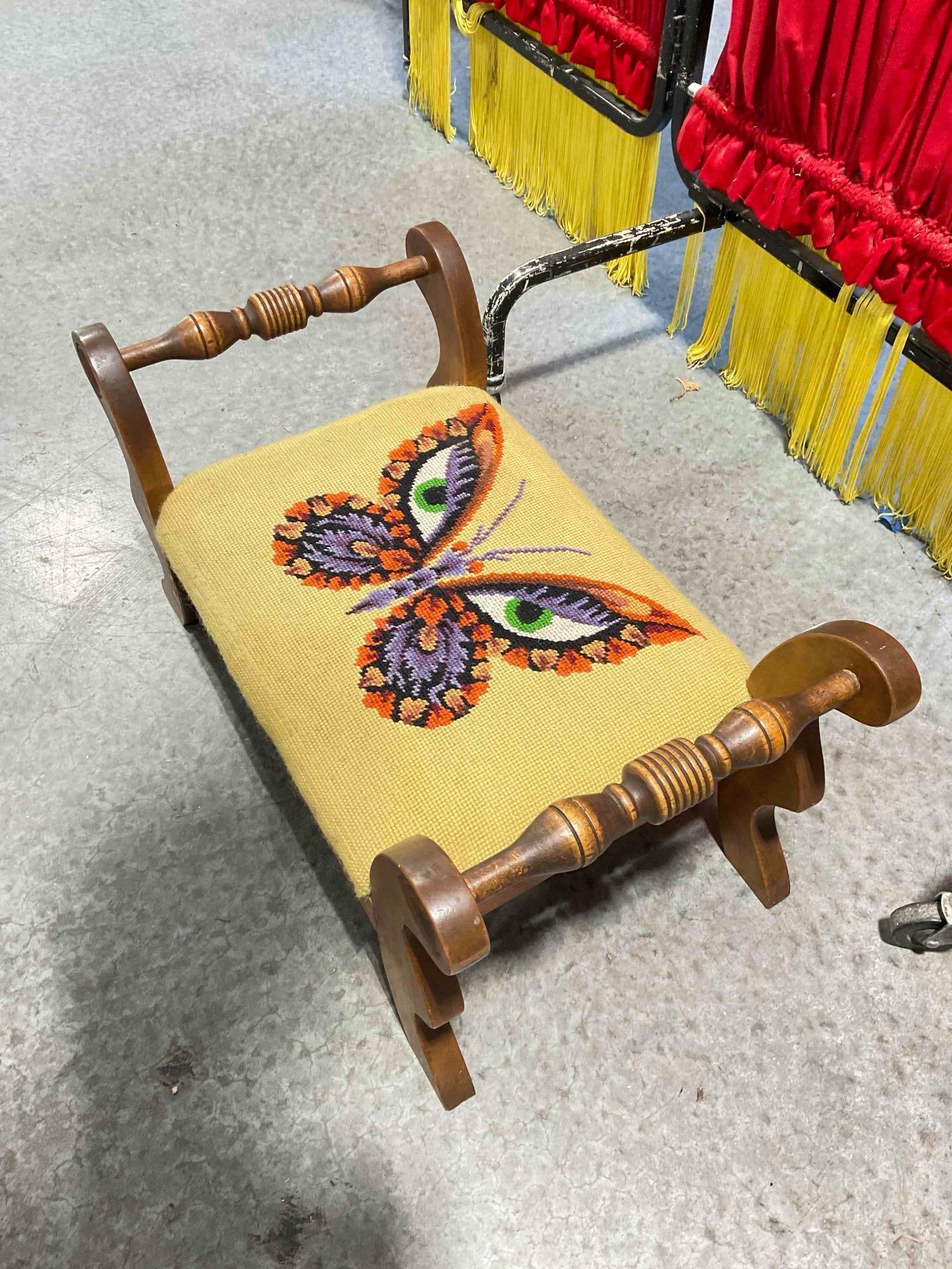 Vintage Wooden Footstool Ottoman w/ Surreal Butterfly Needlepointed Cushion. Good Condition. - 2