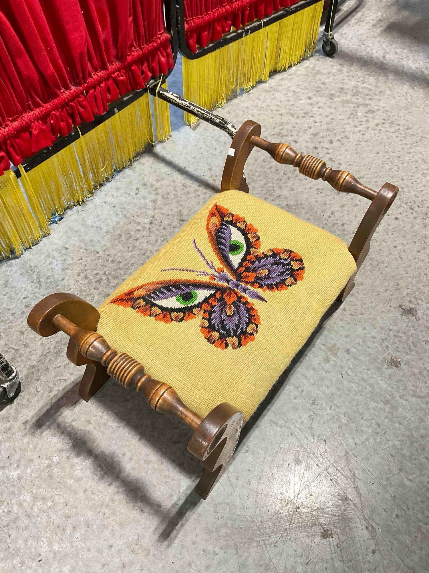 Vintage Wooden Footstool Ottoman w/ Surreal Butterfly Needlepointed Cushion. Good Condition. - 3