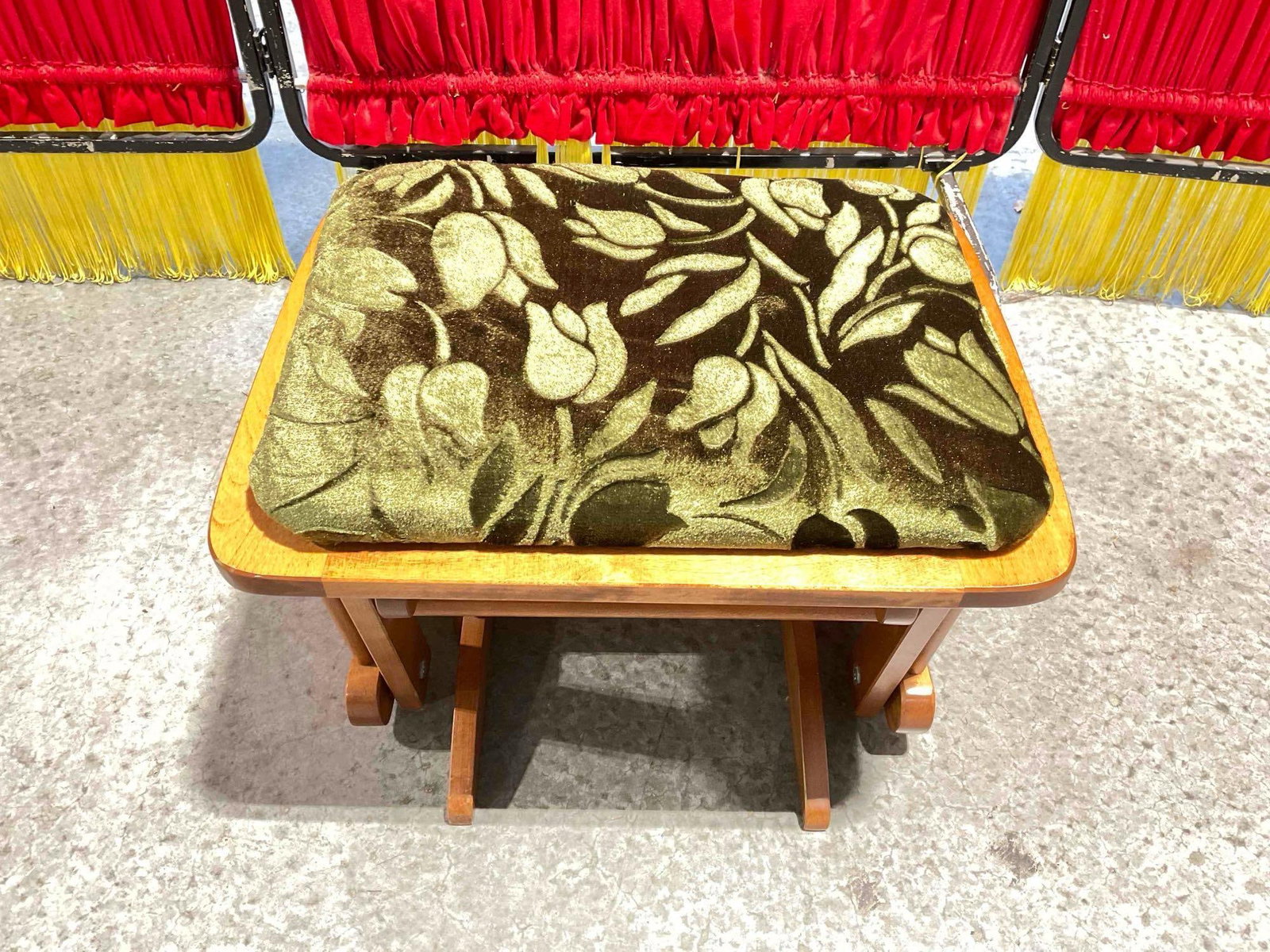 Vintage Wooden Glider Rocking Ottoman Footstool w/ Green Velvet Cushion. Good Condition.: Vintage Wooden Glider Rocking Ottoman Footstool w/ Green Velvet Cushion. Good Condition. Minor wear indicative of age and use, otherwise in good condition. Measures 22" x 18" x 15"