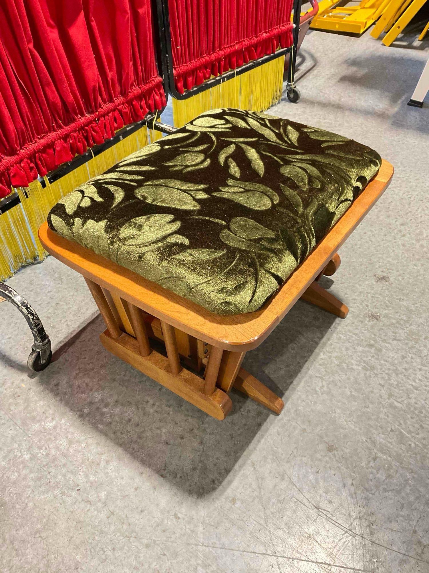 Vintage Wooden Glider Rocking Ottoman Footstool w/ Green Velvet Cushion. Good Condition. - 2