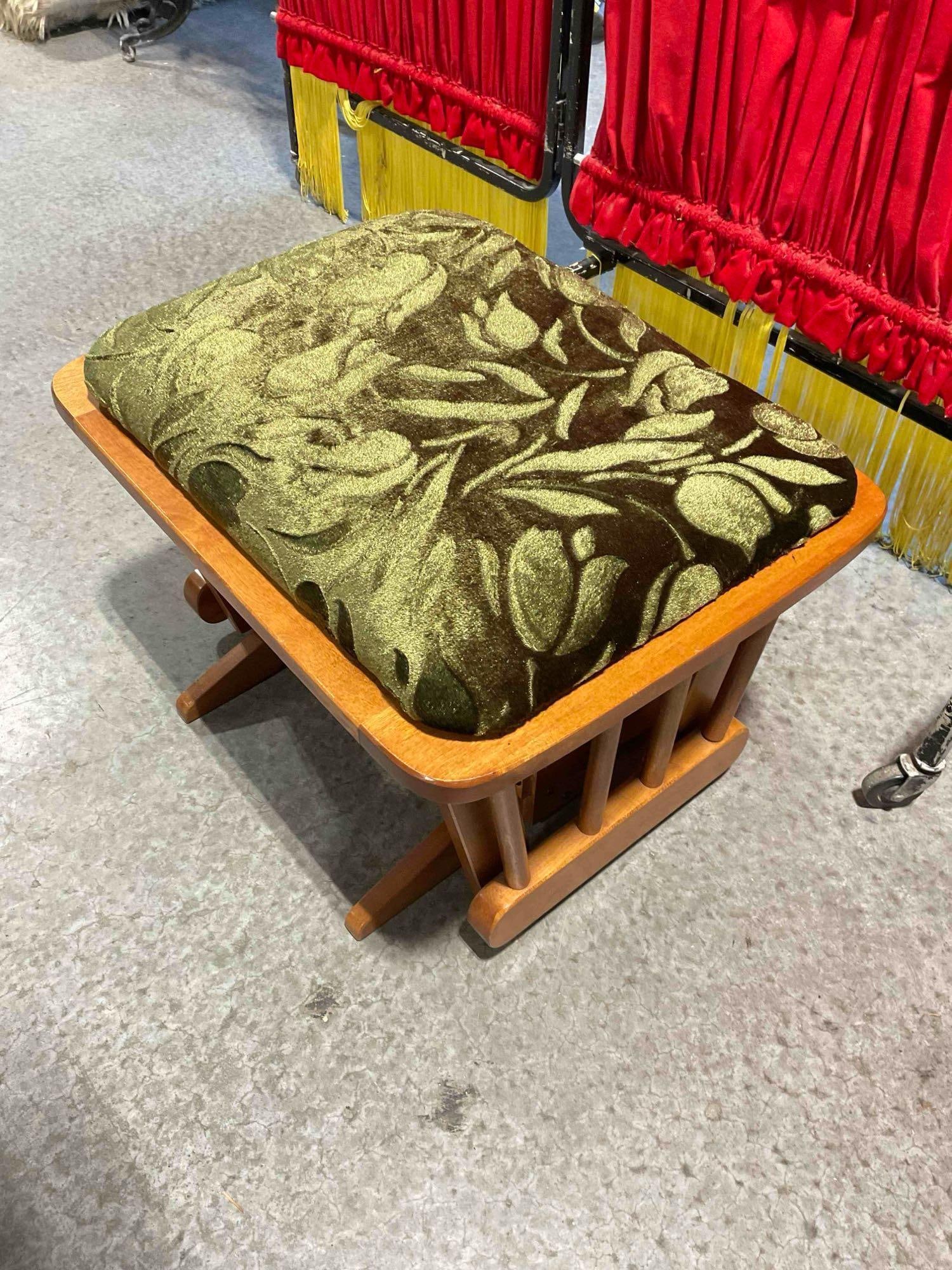 Vintage Wooden Glider Rocking Ottoman Footstool w/ Green Velvet Cushion. Good Condition. - 3