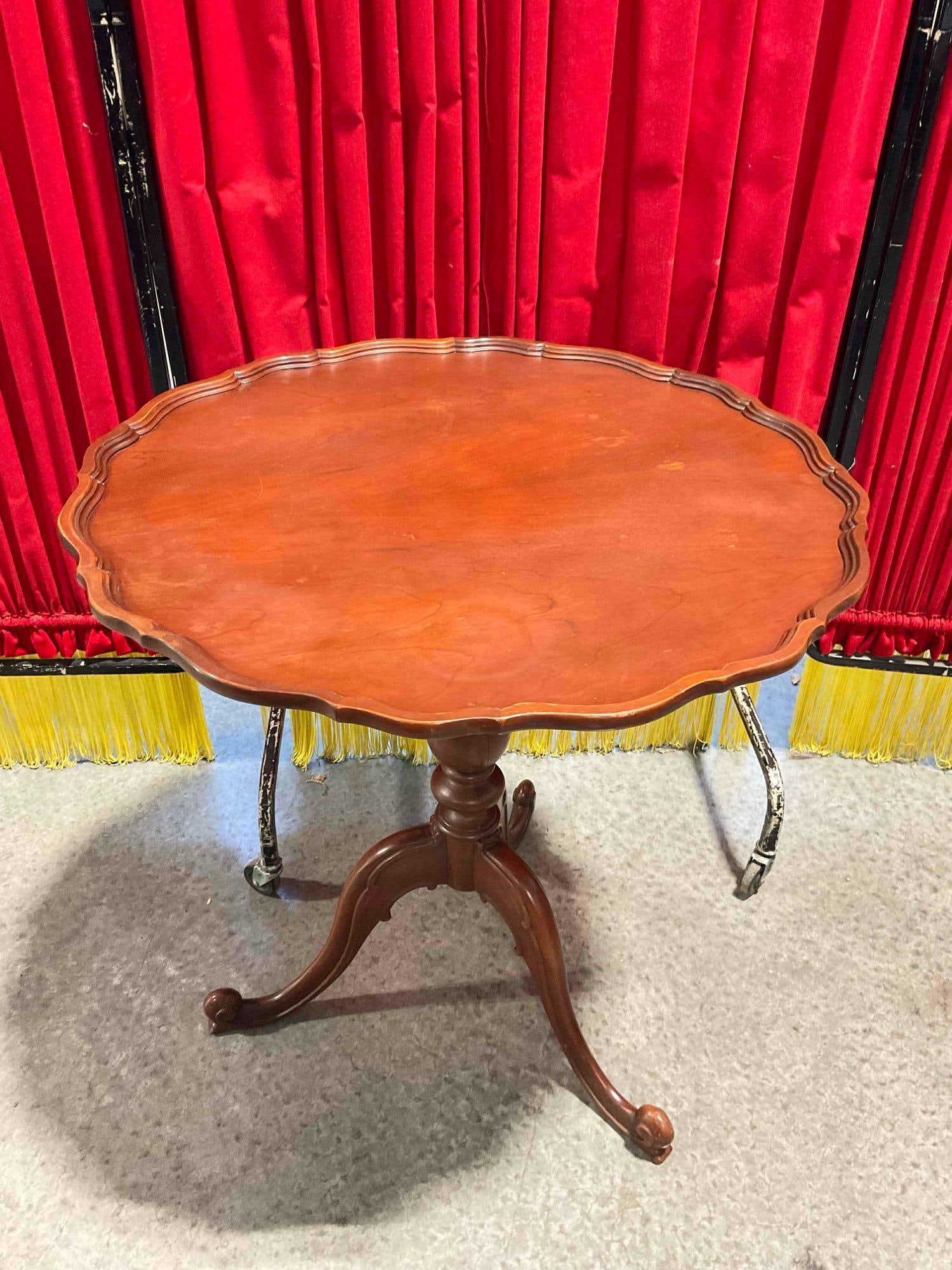 Vintage Consider H. Willett Mahogany? Wood Piecrust Style Accent Table. Fair Condition. See pics.: Vintage Consider H. Willett Mahogany? Wood Piecrust Style Accent Table. Fair Condition. Could be a very red cherry. Minor wear indicative of age and use, otherwise looks to be in fair condition.