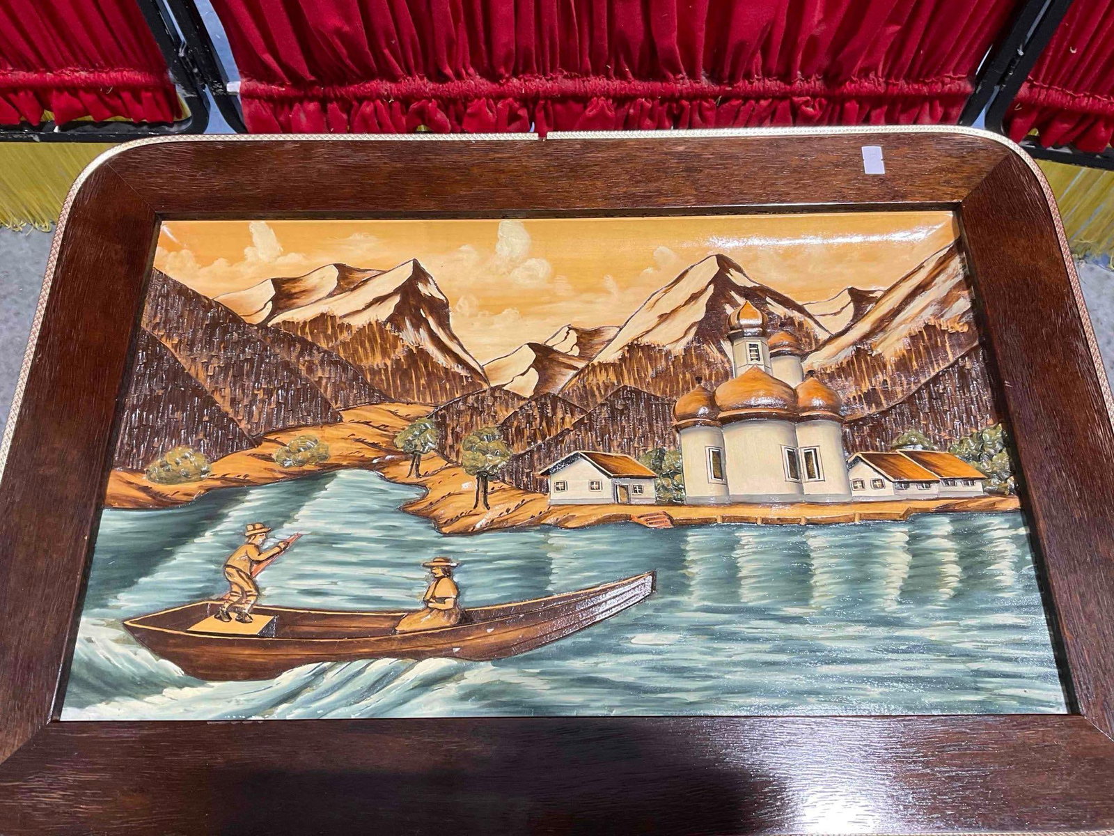 Vintage German Black Forest Style w/ Chalet Scene Carved Top Wooden Accent Table. See pics. - 5