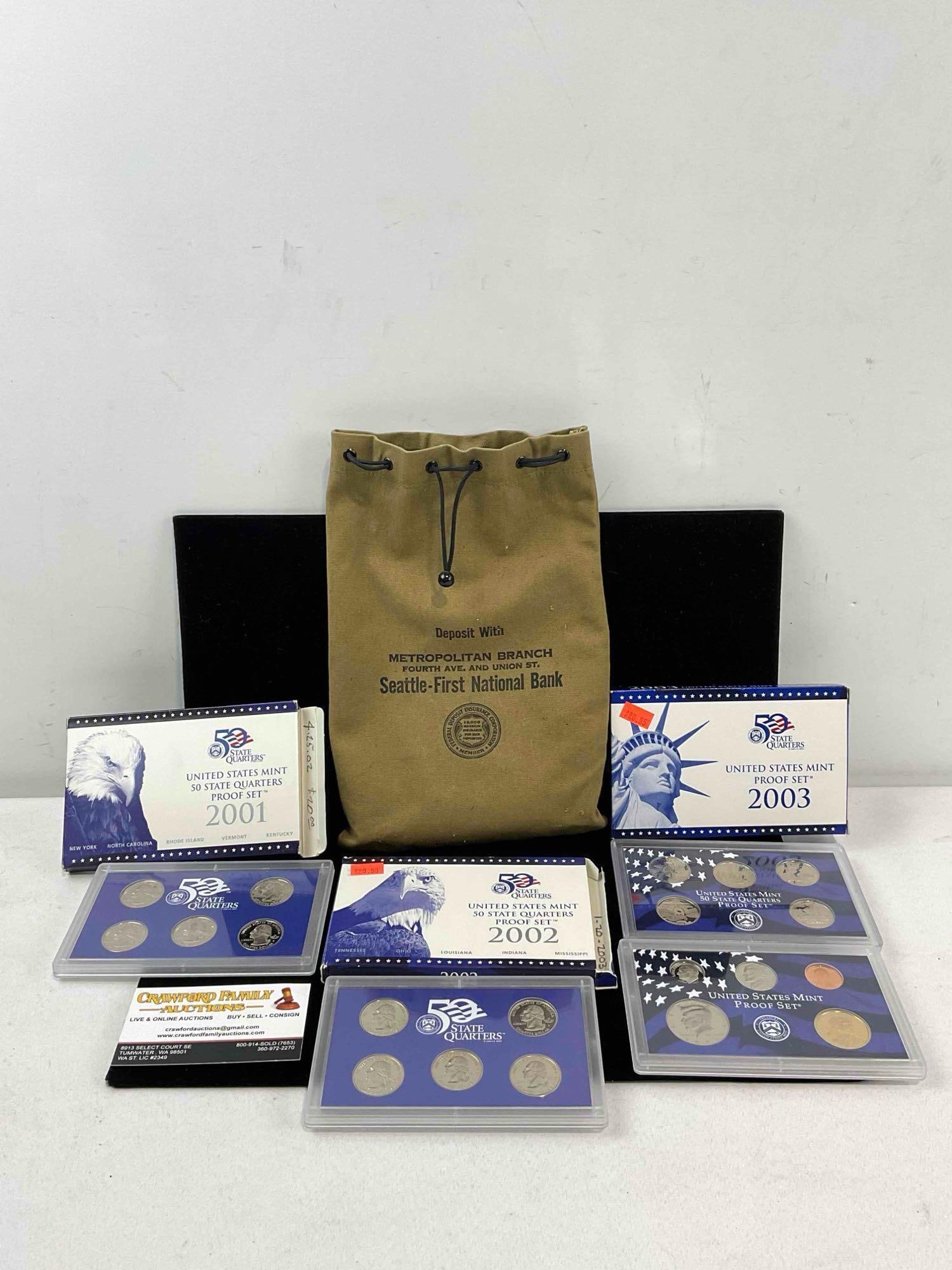 2001, 2002, & 2003 US mint State Quarter proof sets in vintage Seattle first national Bank Bag (1 of 5)