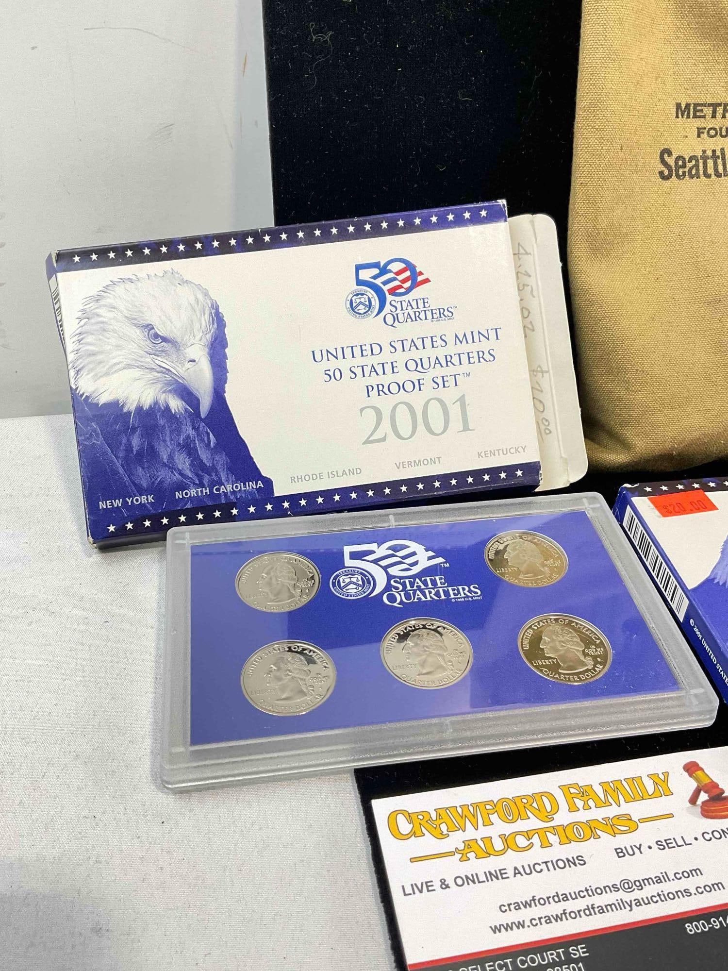 2001, 2002, & 2003 US mint State Quarter proof sets in vintage Seattle first national Bank Bag - 3
