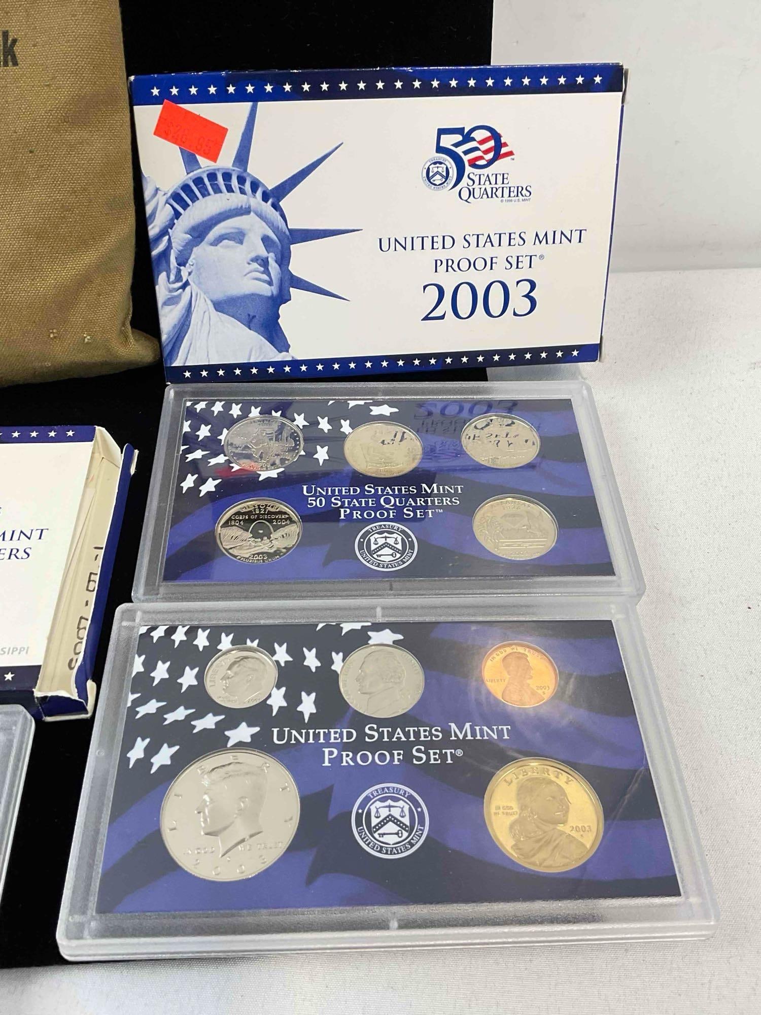 2001, 2002, & 2003 US mint State Quarter proof sets in vintage Seattle first national Bank Bag - 4