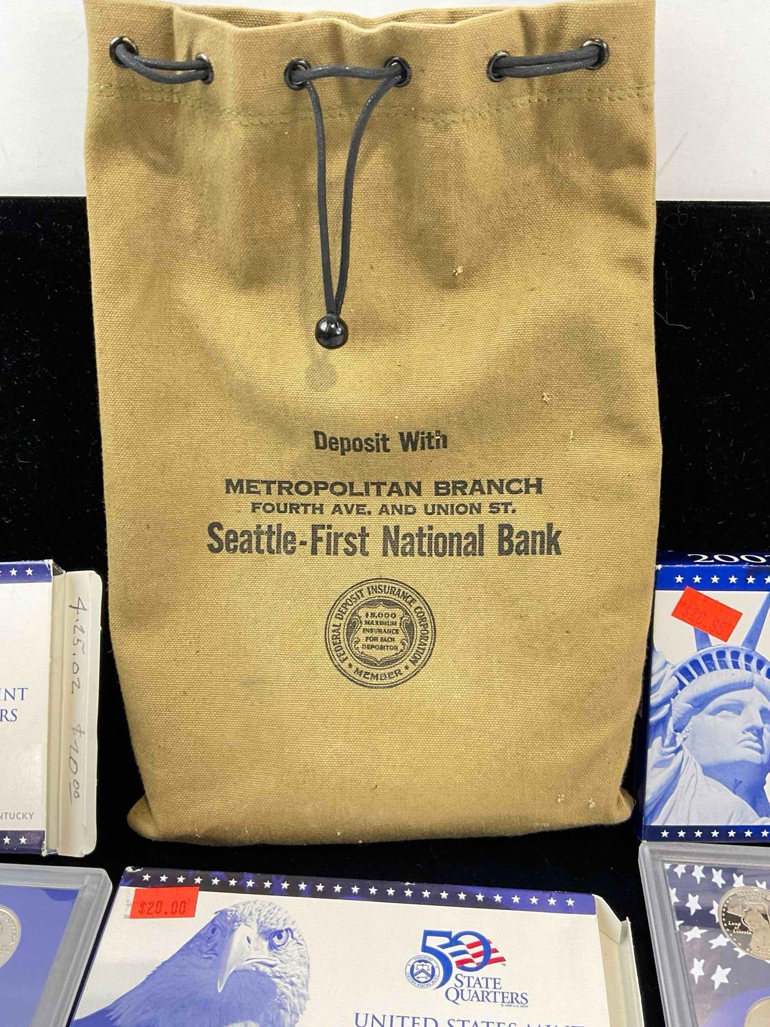 2001, 2002, & 2003 US mint State Quarter proof sets in vintage Seattle first national Bank Bag - 5