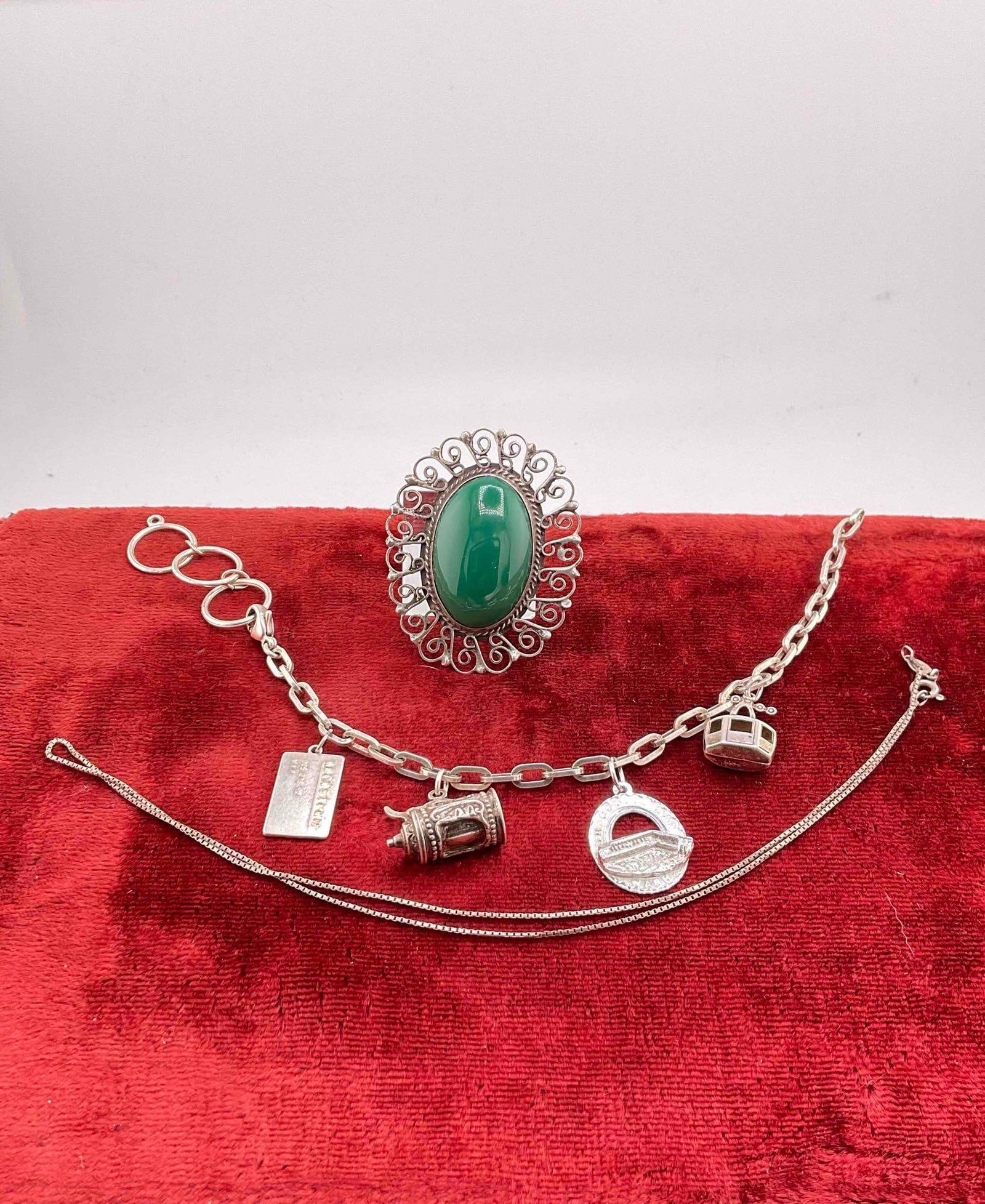 Lot of Sterling Silver Jewelry Vintage Charm Bracelet, 14" Fine necklace, Brooch w/ Green cabochon: C-5360 Some of the charms are marked 800 silver 