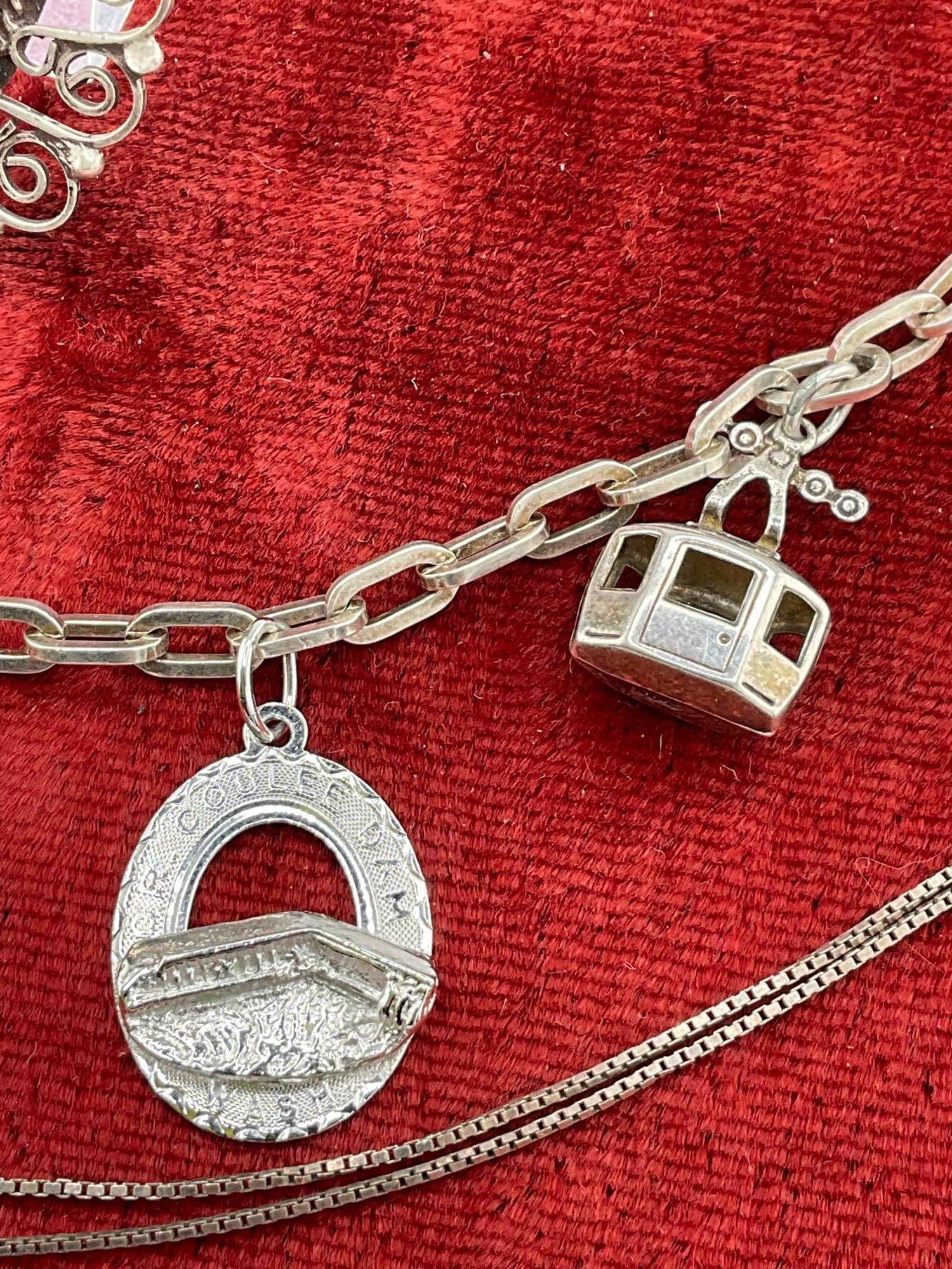 Lot of Sterling Silver Jewelry Vintage Charm Bracelet, 14" Fine necklace, Brooch w/ Green cabochon - 2