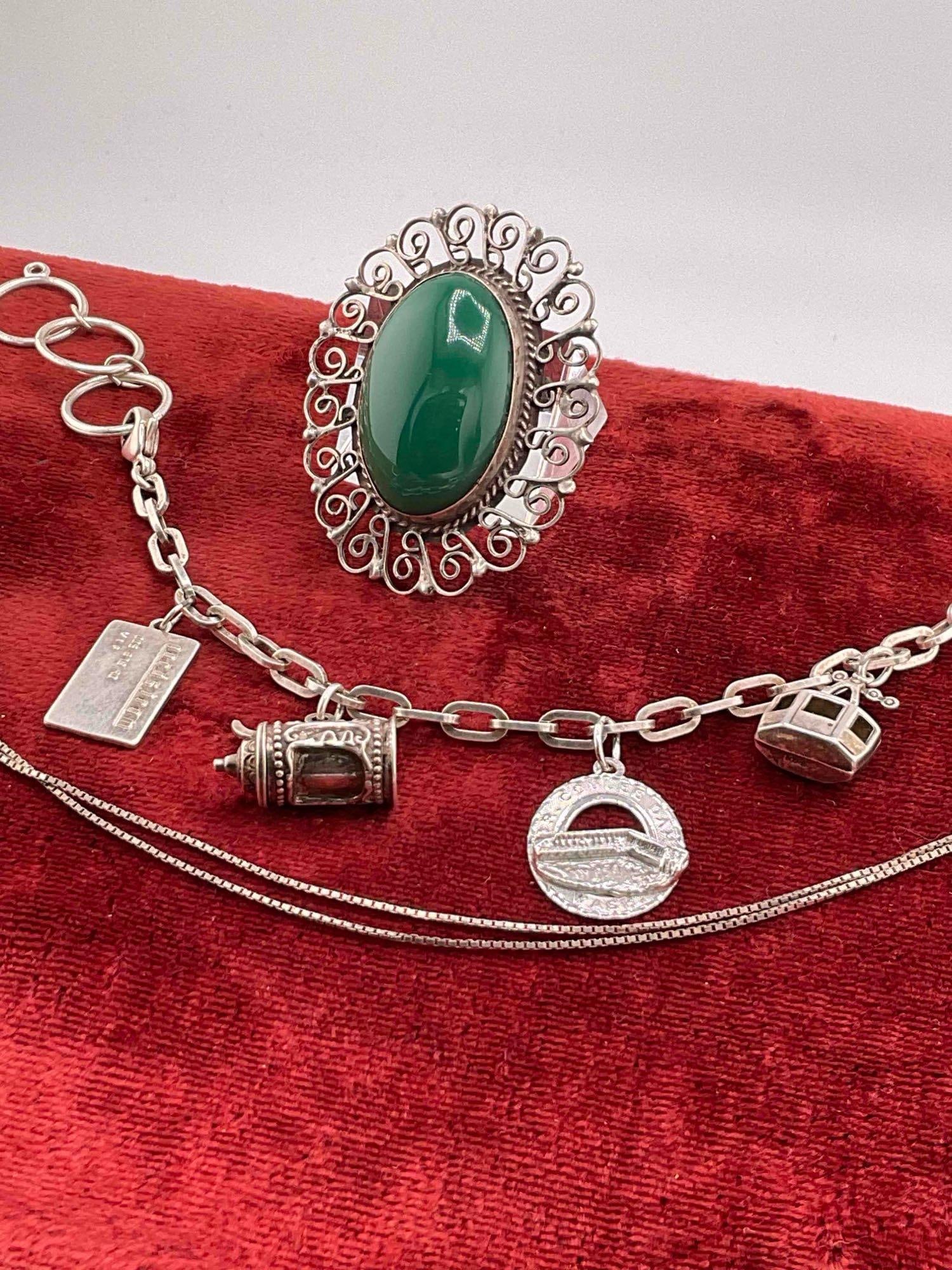 Lot of Sterling Silver Jewelry Vintage Charm Bracelet, 14" Fine necklace, Brooch w/ Green cabochon - 3